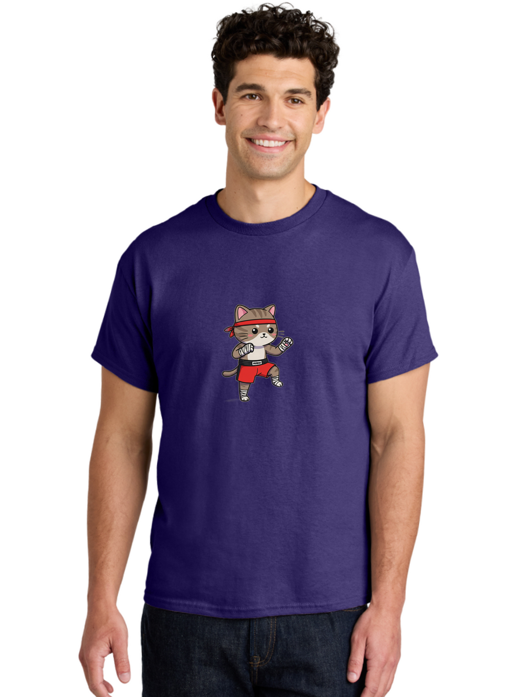 Punching-Cat Men'S Graphic Tee, 100% Cotton, Comfortable Casual Summer Wear, Machine Washable, Cartoon Cat, Martial Arts Pose, Red Headband, Red Shorts, White Bandages, Fighting Stance, Kitty Character, Cute Animal, Comic Style, Bae695