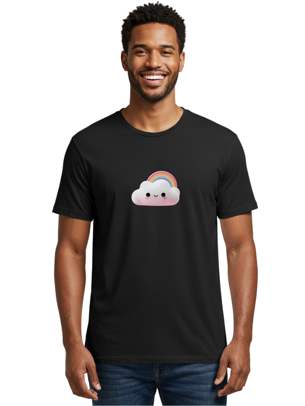 Rainbow-Cloud Men'S Graphic Tee, 100% Cotton, Comfortable Casual Summer Wear, Machine Washable, Cartoon Cloud, Smiling Face, Rainbow, Cute Character, Fluffy Cloud, Pastel Colors, Cheerful Design, Kawaii Art, Whimsical Graphics Bae697