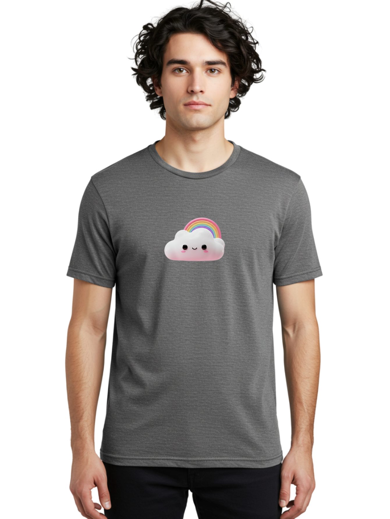 Rainbow-Cloud Men'S Graphic Tee, 100% Cotton, Comfortable Casual Summer Wear, Machine Washable, Cartoon Cloud, Smiling Face, Rainbow, Cute Character, Fluffy Cloud, Pastel Colors, Cheerful Design, Kawaii Art, Whimsical Graphics Bae697