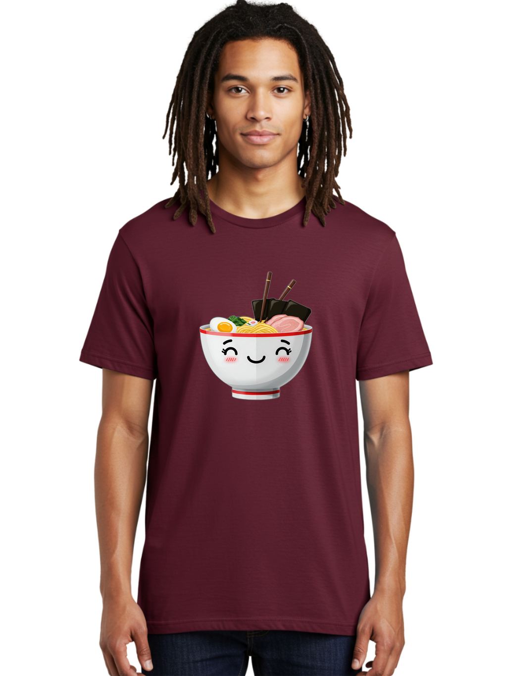 Ramen-1 Men'S Graphic Tee, 100% Cotton, Comfortable Casual Summer Wear, Machine Washable, Steaming Bowl Of Ramen, Savory Noodles, Boiled Egg, Sliced Pork, Seaweed, Chopsticks, Cute Cartoon Character, Japanese Cuisine, Food Illustration, Bae698