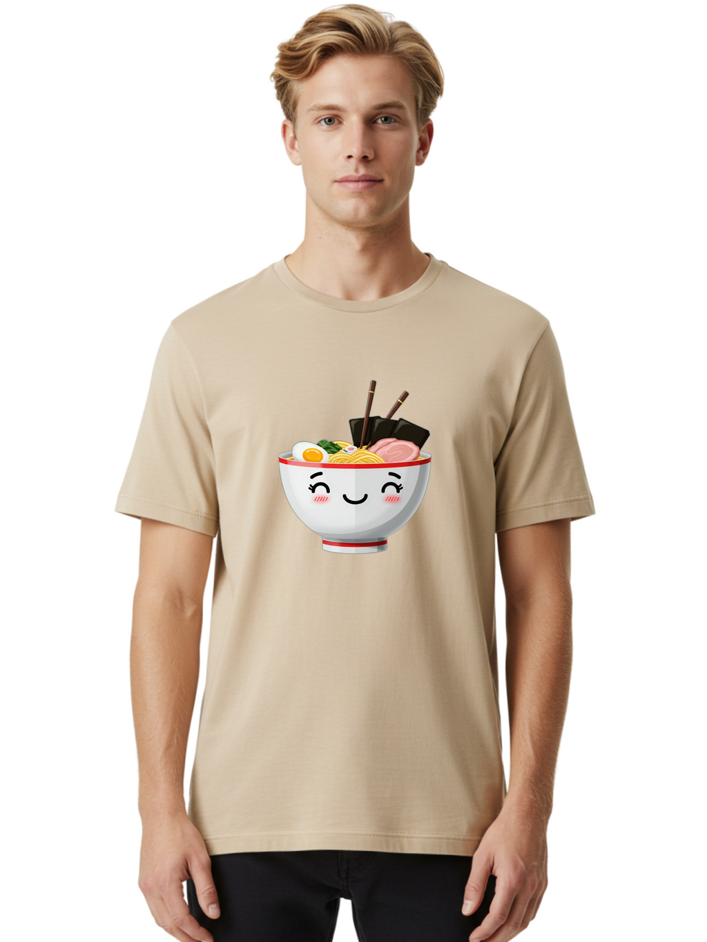 Ramen-1 Men'S Graphic Tee, 100% Cotton, Comfortable Casual Summer Wear, Machine Washable, Steaming Bowl Of Ramen, Savory Noodles, Boiled Egg, Sliced Pork, Seaweed, Chopsticks, Cute Cartoon Character, Japanese Cuisine, Food Illustration, Bae698