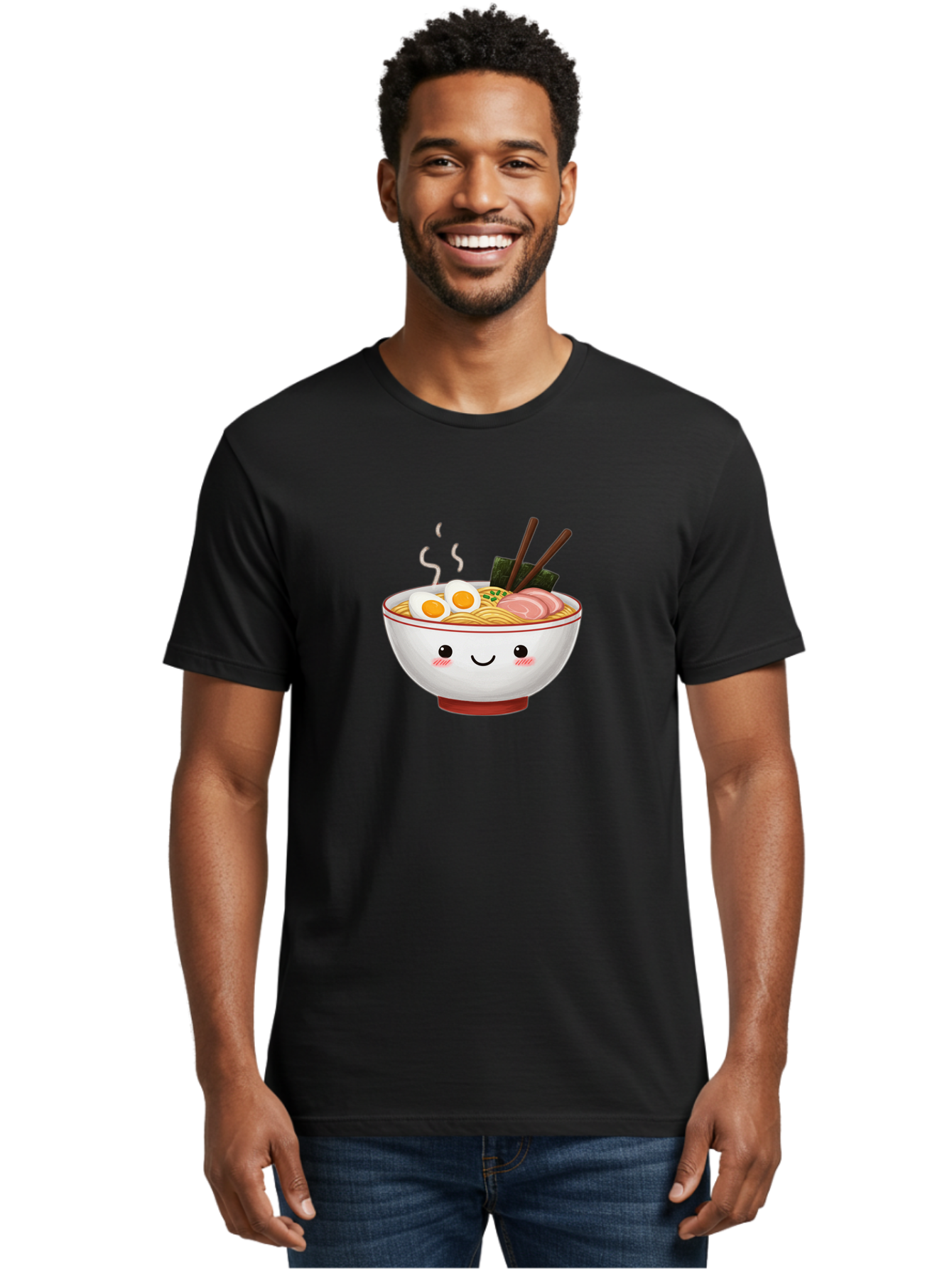 Ramen-2 Men'S Graphic Tee, 100% Cotton, Comfortable Casual Summer Wear, Machine Washable, Steaming Hot Ramen, Cartoon Bowl, Noodles, Eggs, Meat Slices, Seaweed, Chopsticks, Adorable, Kawaii, Japanese Cuisine, Foodie Art, Cute Character Bae699