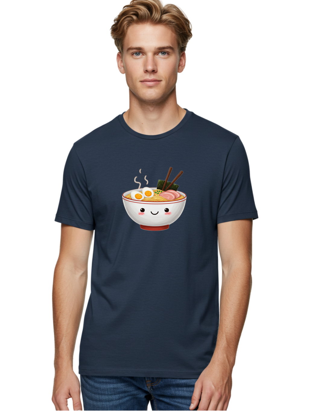 Ramen-2 Men'S Graphic Tee, 100% Cotton, Comfortable Casual Summer Wear, Machine Washable, Steaming Hot Ramen, Cartoon Bowl, Noodles, Eggs, Meat Slices, Seaweed, Chopsticks, Adorable, Kawaii, Japanese Cuisine, Foodie Art, Cute Character Bae699