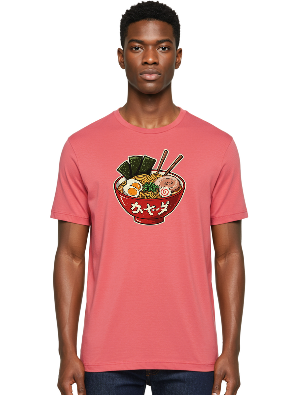 Ramen-4 Men'S Graphic Tee, 100% Cotton, Comfortable Casual Summer Wear, Machine Washable, Japanese Ramen, Noodle Soup, Boiled Egg, Green Peas, Seaweed, Sliced Pork, Chopsticks, Japanese Cuisine, Red Bowl, Katakana Script Bae701