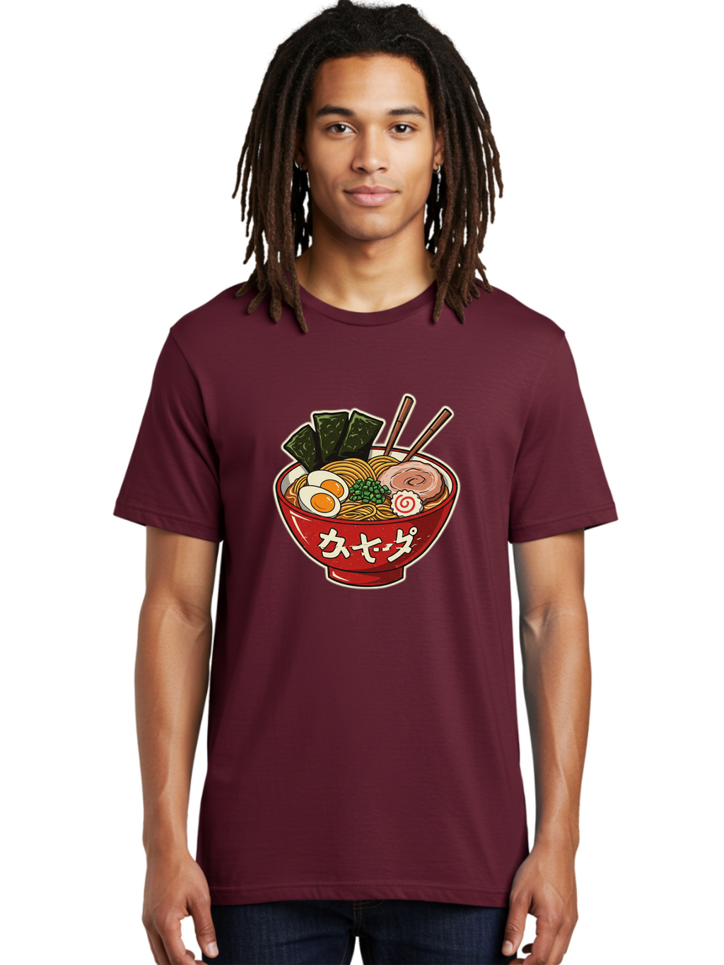 Ramen-4 Men'S Graphic Tee, 100% Cotton, Comfortable Casual Summer Wear, Machine Washable, Japanese Ramen, Noodle Soup, Boiled Egg, Green Peas, Seaweed, Sliced Pork, Chopsticks, Japanese Cuisine, Red Bowl, Katakana Script Bae701