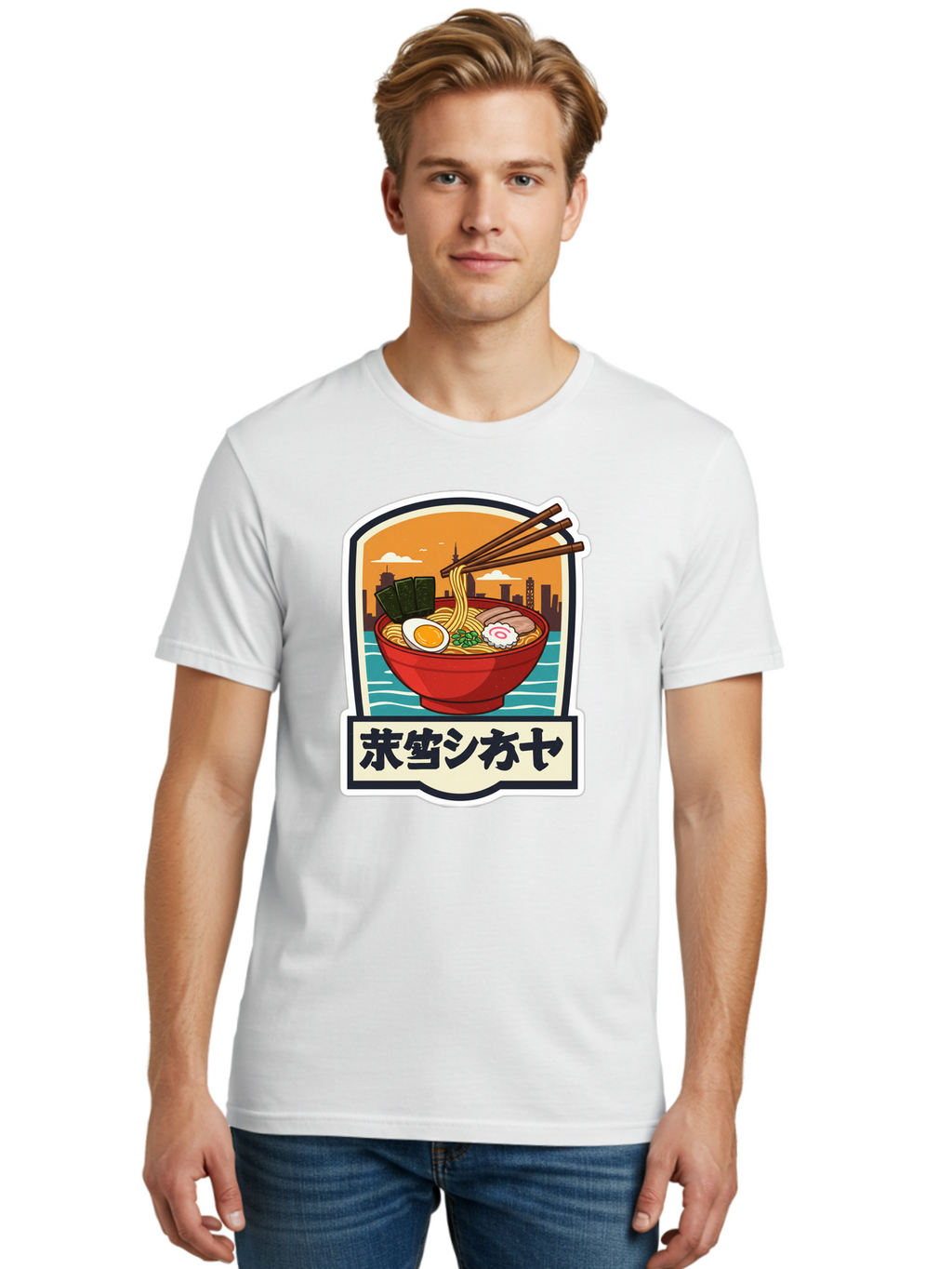 Ramen-7 Men'S Graphic Tee, 100% Cotton, Comfortable Casual Summer Wear, Machine Washable, Steaming Bowl Of Ramen, Japanese Noodles, Savory Broth, Egg, Pork Slices, Seaweed, Chopsticks, Cityscape, ?????? Bae704