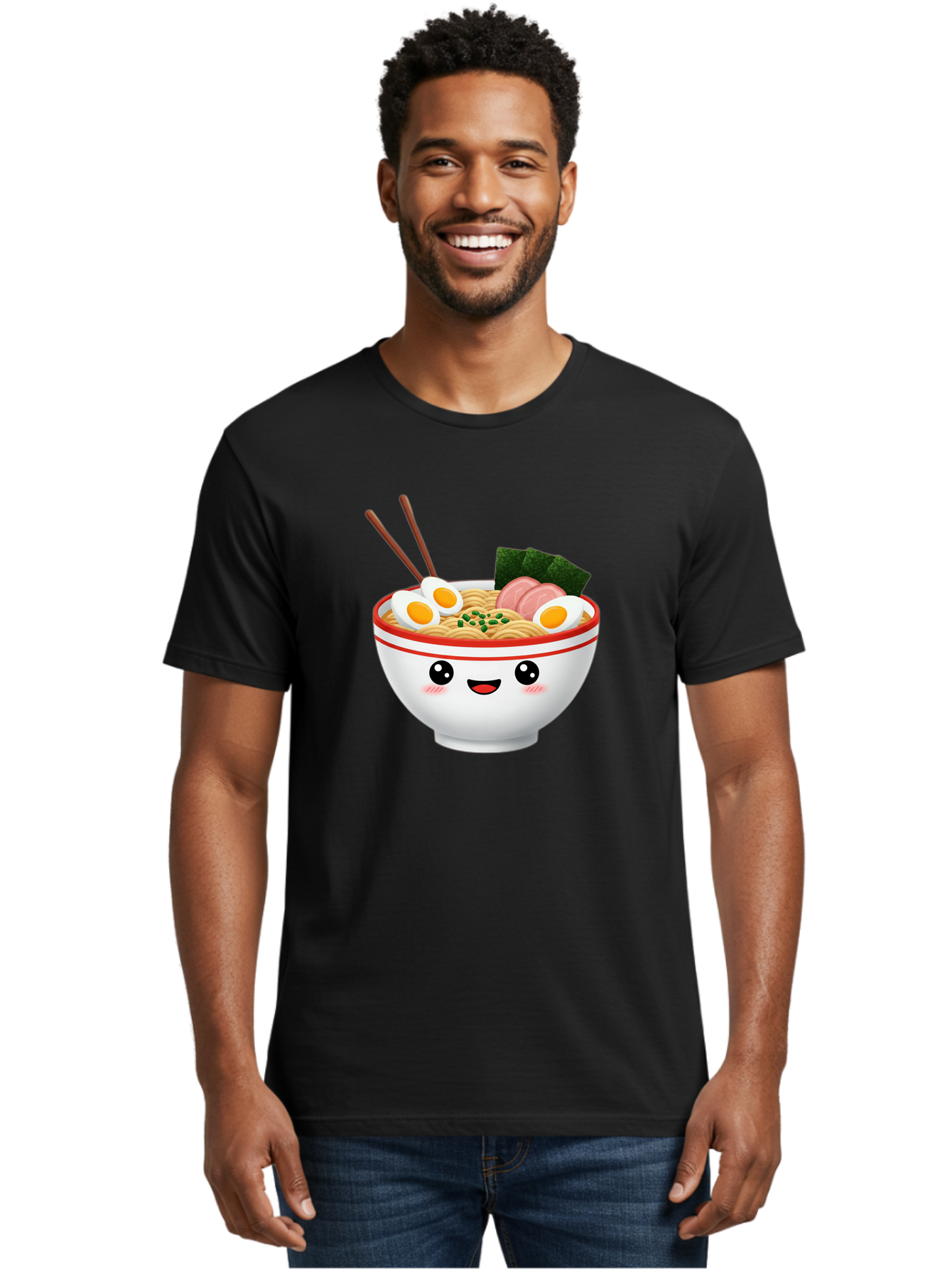 Ramen-Bowl-1 Men'S Graphic Tee, 100% Cotton, Comfortable Casual Summer Wear, Machine Washable, Cartoon Ramen Bowl, Steaming Hot Ramen, Boiled Egg, Sliced Ham, Seaweed, Chopsticks, Kawaii Food, Japanese Cuisine, Noodle Soup, Anime Style, Bae706