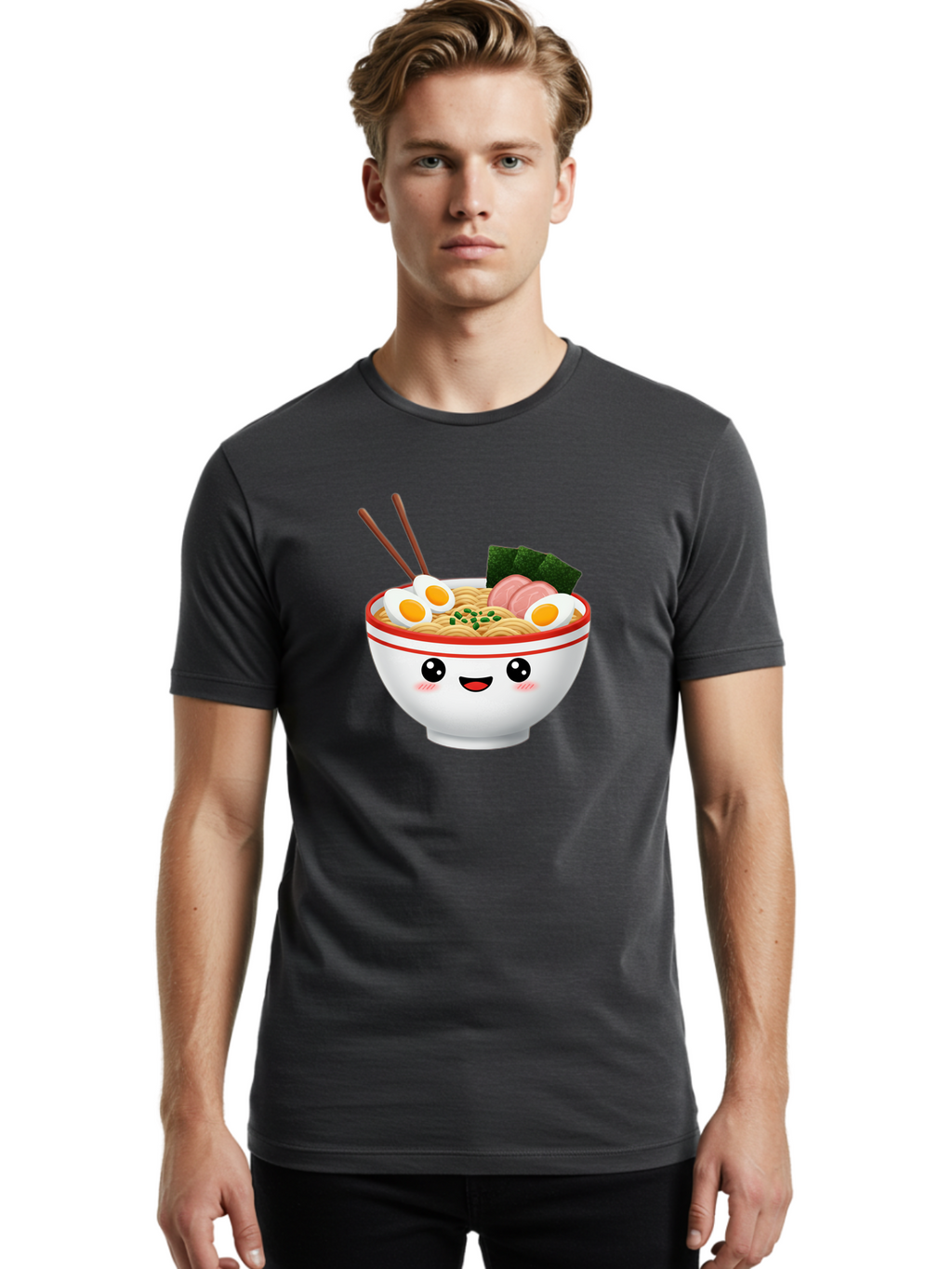 Ramen-Bowl-1 Men'S Graphic Tee, 100% Cotton, Comfortable Casual Summer Wear, Machine Washable, Cartoon Ramen Bowl, Steaming Hot Ramen, Boiled Egg, Sliced Ham, Seaweed, Chopsticks, Kawaii Food, Japanese Cuisine, Noodle Soup, Anime Style, Bae706