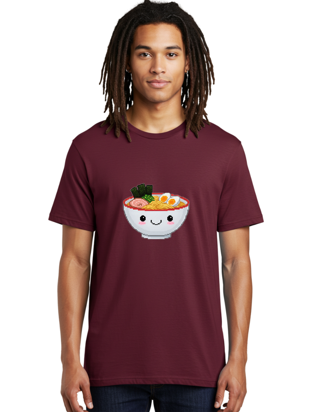 Ramen-Bowl-2 Men'S Graphic Tee, 100% Cotton, Comfortable Casual Summer Wear, Machine Washable, Delicious Ramen, Kawaii Food, Cartoon Noodle Bowl, Tasty Meal, Sliced Egg, Seaweed, Pink Ham, Smiling Bowl, Pixel Art, Noodle Soup Bae707