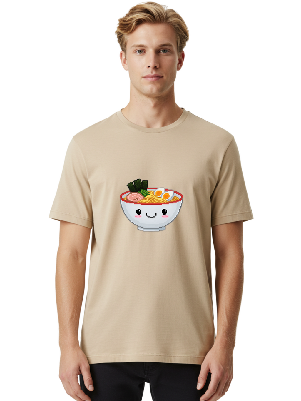Ramen-Bowl-2 Men'S Graphic Tee, 100% Cotton, Comfortable Casual Summer Wear, Machine Washable, Delicious Ramen, Kawaii Food, Cartoon Noodle Bowl, Tasty Meal, Sliced Egg, Seaweed, Pink Ham, Smiling Bowl, Pixel Art, Noodle Soup Bae707