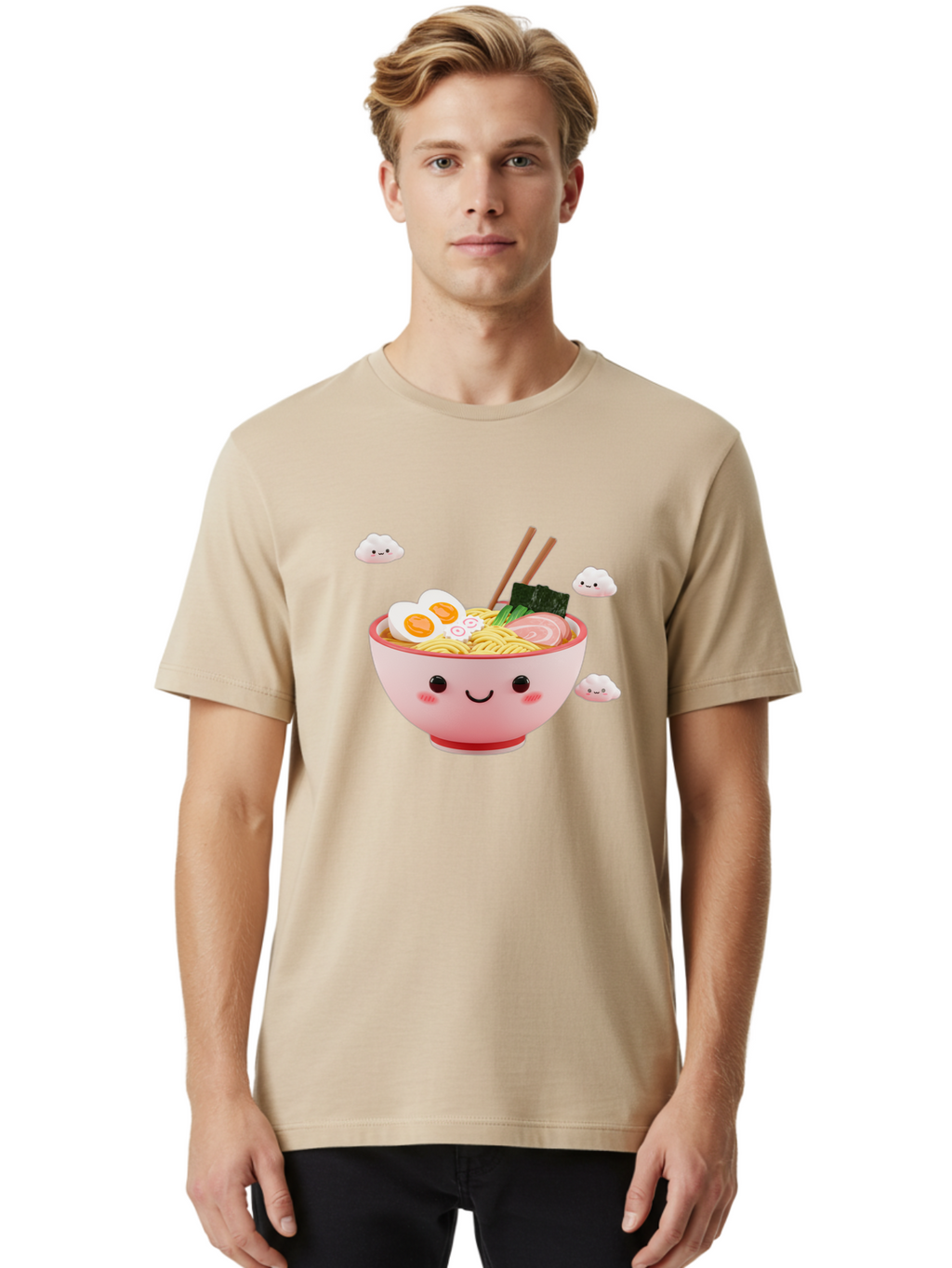 Ramen-Bowl-3 Men'S Graphic Tee, 100% Cotton, Comfortable Casual Summer Wear, Machine Washable, Steaming Hot Ramen, Kawaii Bowl, Cartoon Noodle Soup, Smiling Bowl, Boiled Egg, Sliced Pork, Seaweed, Chopsticks, Fish Cakes, Playful, Bae708