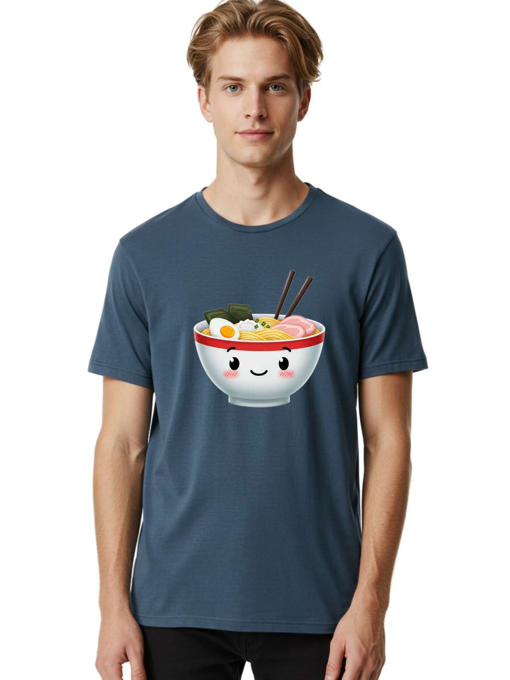 Ramen-Bowl-4 Men'S Graphic Tee, 100% Cotton, Comfortable Casual Summer Wear, Machine Washable, Japanese Ramen, Steaming Hot Noodles, Boiled Egg, Seaweed, Pork Slices, Chopsticks, Kawaii Cartoon, Foodie, Tasty Meal, Delicious Cuisine, Bae709