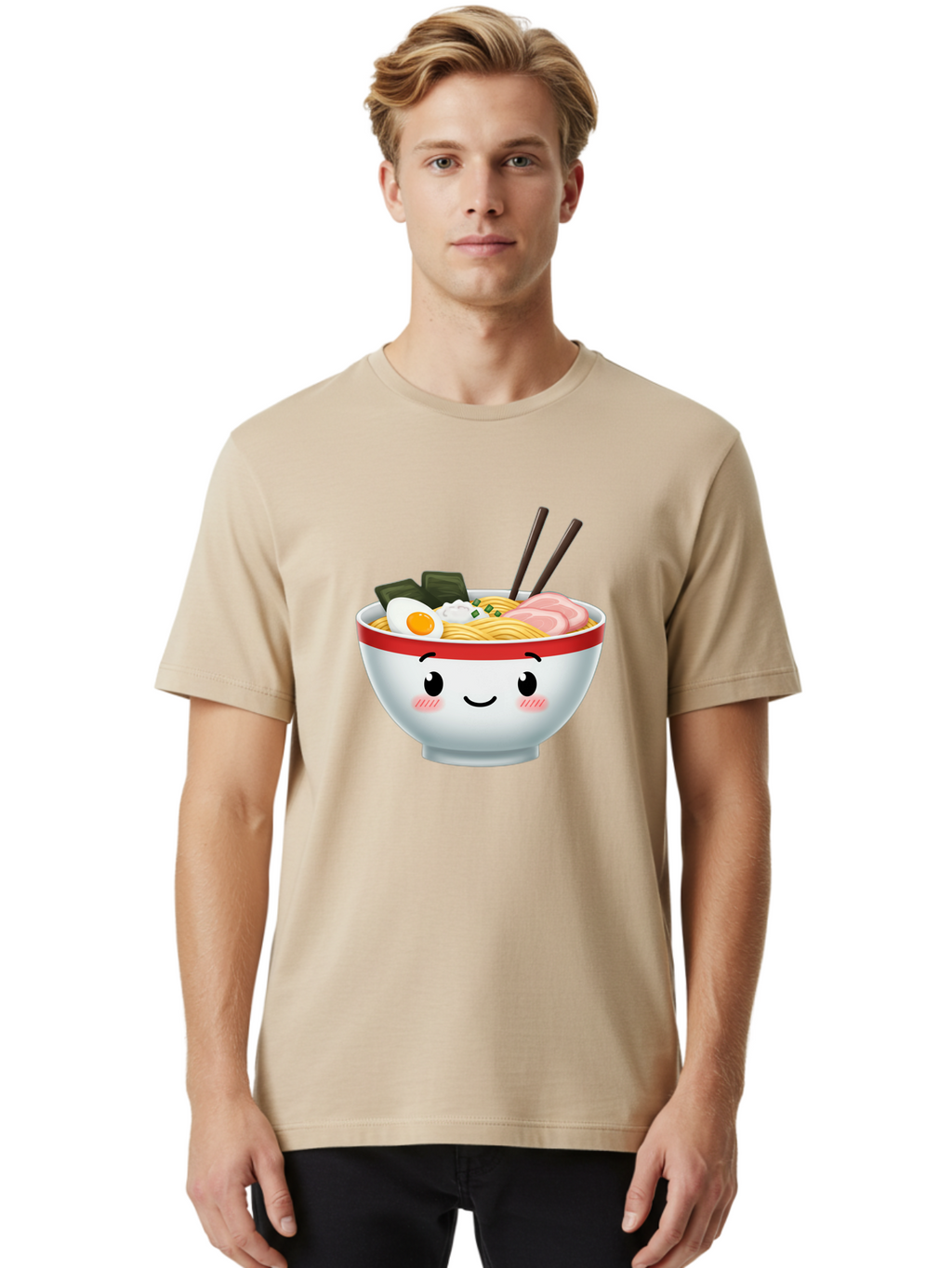 Ramen-Bowl-4 Men'S Graphic Tee, 100% Cotton, Comfortable Casual Summer Wear, Machine Washable, Japanese Ramen, Steaming Hot Noodles, Boiled Egg, Seaweed, Pork Slices, Chopsticks, Kawaii Cartoon, Foodie, Tasty Meal, Delicious Cuisine, Bae709