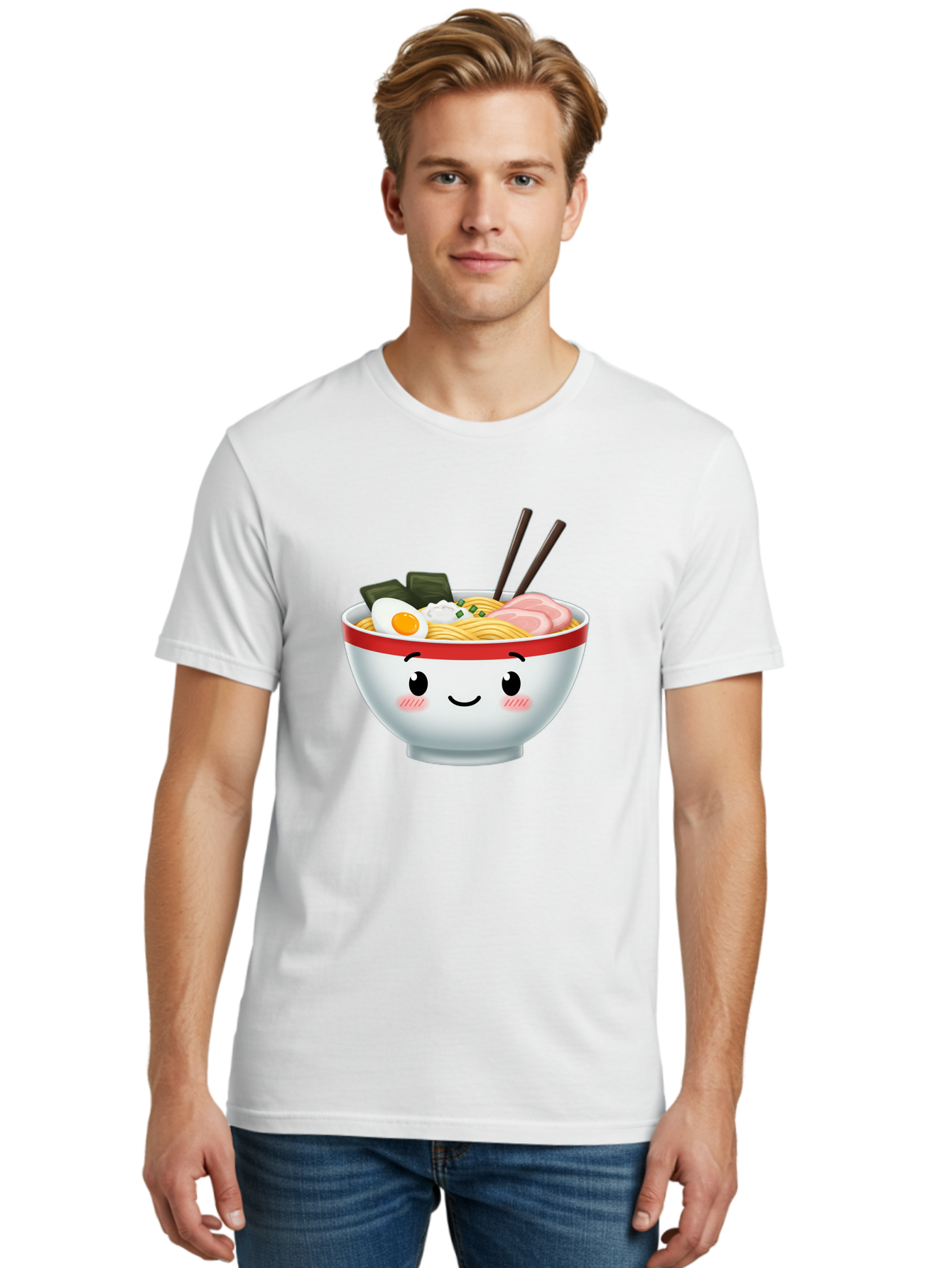 Ramen-Bowl-4 Men'S Graphic Tee, 100% Cotton, Comfortable Casual Summer Wear, Machine Washable, Japanese Ramen, Steaming Hot Noodles, Boiled Egg, Seaweed, Pork Slices, Chopsticks, Kawaii Cartoon, Foodie, Tasty Meal, Delicious Cuisine, Bae709