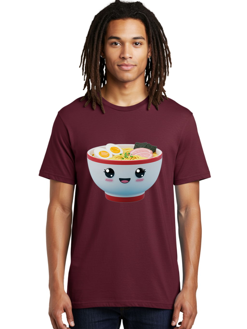 Ramen-Noodle-Bowl Men'S Graphic Tee, 100% Cotton, Comfortable Casual Summer Wear, Machine Washable, Kawaii Ramen Bowl, Cartoon Noodle Soup, Japanese Cuisine, Animated Food, Ramen Noodles, Boiled Egg, Seaweed, Sliced Ham, Cute Bowl, Bae716