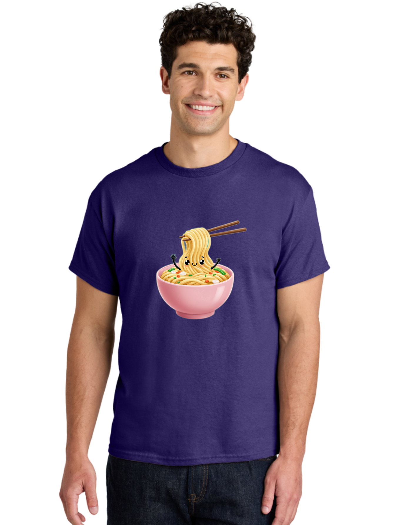 Ramen-Noodle-Character Men'S Graphic Tee, 100% Cotton, Comfortable Casual Summer Wear, Machine Washable, Cartoon Noodles, Ramen Noodles, Noodle Character, Kawaii Food, Cute Noodles, Asian Cuisine, Noodle Bowl, Tasty Noodles, Foodie Art, Bae717