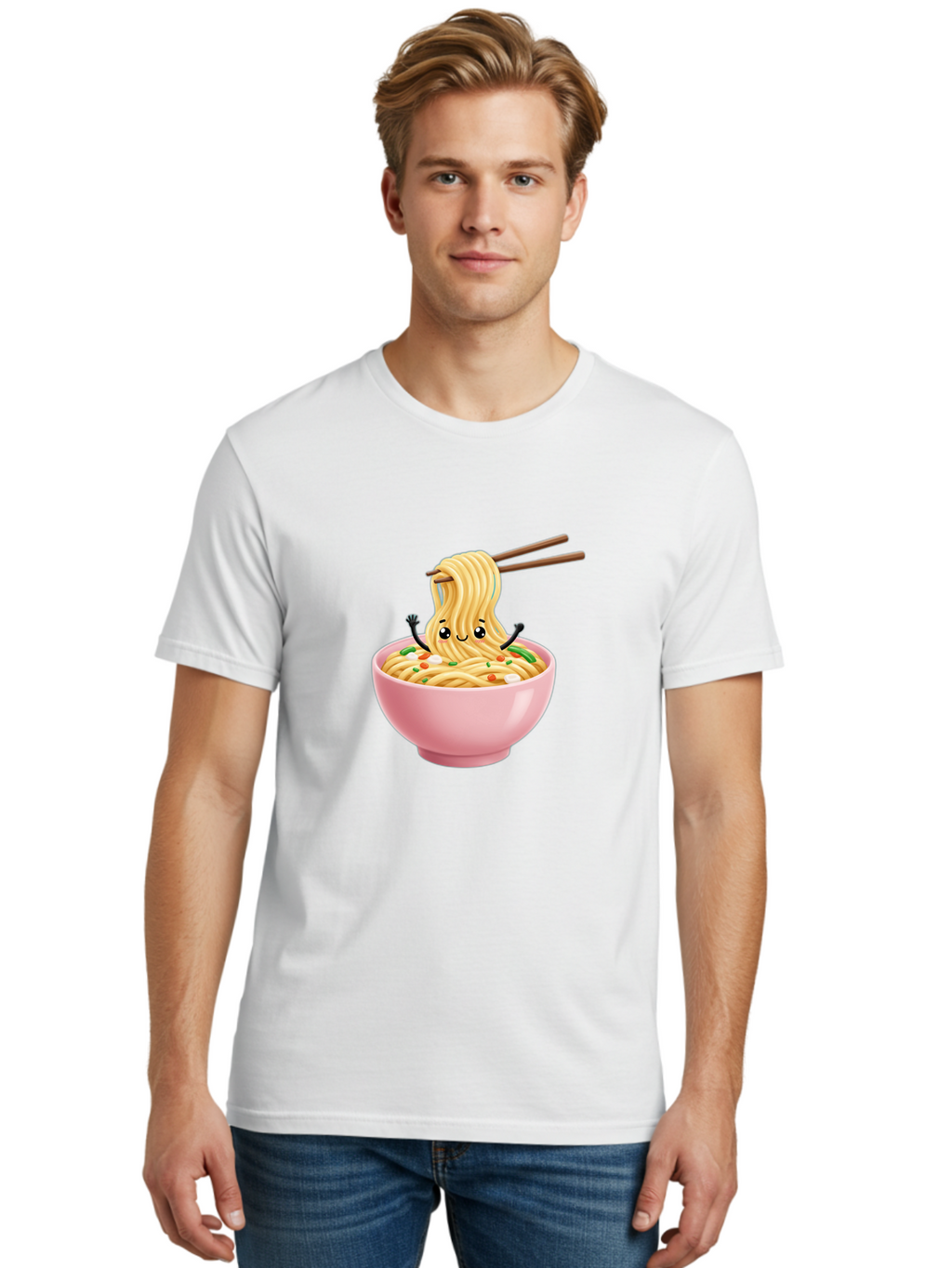 Ramen-Noodle-Character Men'S Graphic Tee, 100% Cotton, Comfortable Casual Summer Wear, Machine Washable, Cartoon Noodles, Ramen Noodles, Noodle Character, Kawaii Food, Cute Noodles, Asian Cuisine, Noodle Bowl, Tasty Noodles, Foodie Art, Bae717
