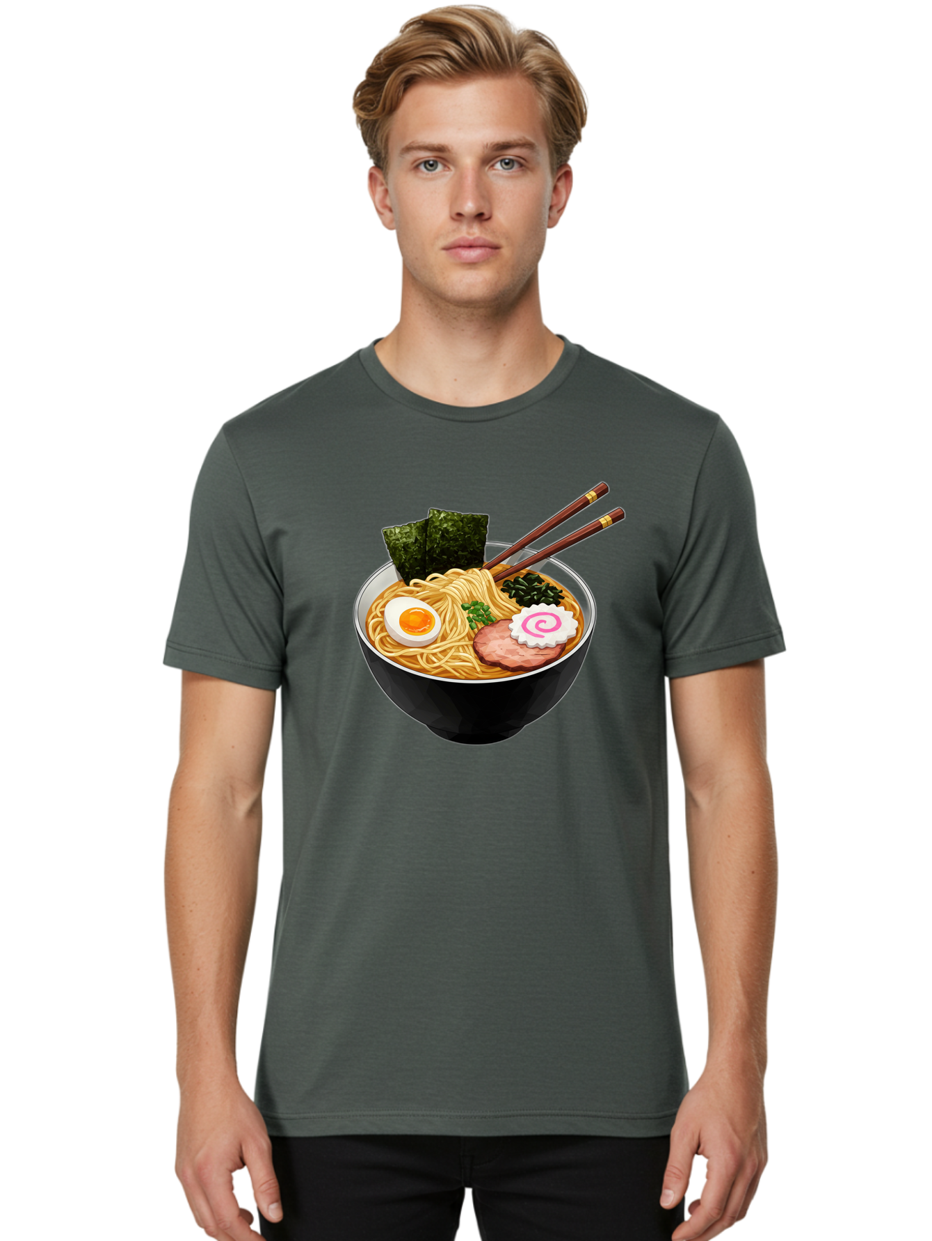 Ramen-Noodles-1 Men'S Graphic Tee, 100% Cotton, Comfortable Casual Summer Wear, Machine Washable, Bowl Of Ramen, Steaming Hot Noodles, Savory Broth, Boiled Egg, Sliced Pork, Seaweed, Green Onions, Fish Cake, Chopsticks, Asian Cuisine, Bae718