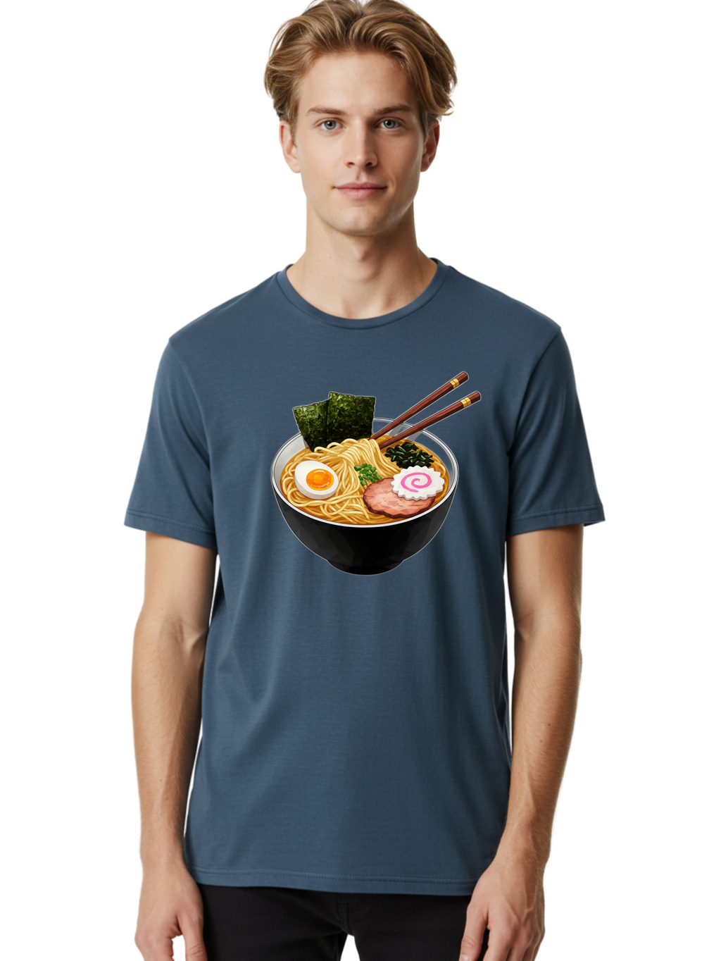 Ramen-Noodles-1 Men'S Graphic Tee, 100% Cotton, Comfortable Casual Summer Wear, Machine Washable, Bowl Of Ramen, Steaming Hot Noodles, Savory Broth, Boiled Egg, Sliced Pork, Seaweed, Green Onions, Fish Cake, Chopsticks, Asian Cuisine, Bae718
