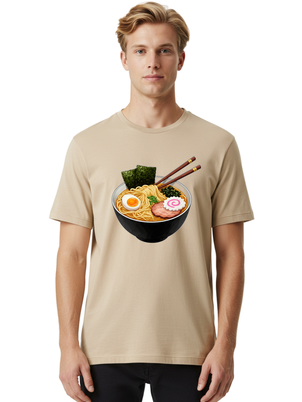 Ramen-Noodles-1 Men'S Graphic Tee, 100% Cotton, Comfortable Casual Summer Wear, Machine Washable, Bowl Of Ramen, Steaming Hot Noodles, Savory Broth, Boiled Egg, Sliced Pork, Seaweed, Green Onions, Fish Cake, Chopsticks, Asian Cuisine, Bae718