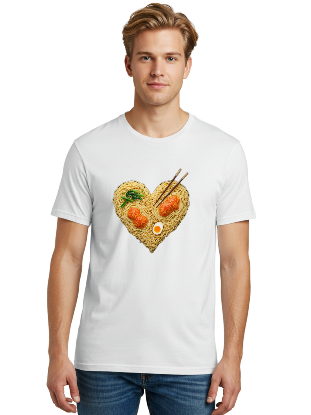 Ramen-Noodles-Heart-1 Men'S Graphic Tee, 100% Cotton, Comfortable Casual Summer Wear, Machine Washable, Ramen Noodles, Heart-Shaped Noodles, Asian Cuisine, Delicious Meal, Savory Flavors, Boiled Egg, Chopsticks, Green Vegetables Bae721