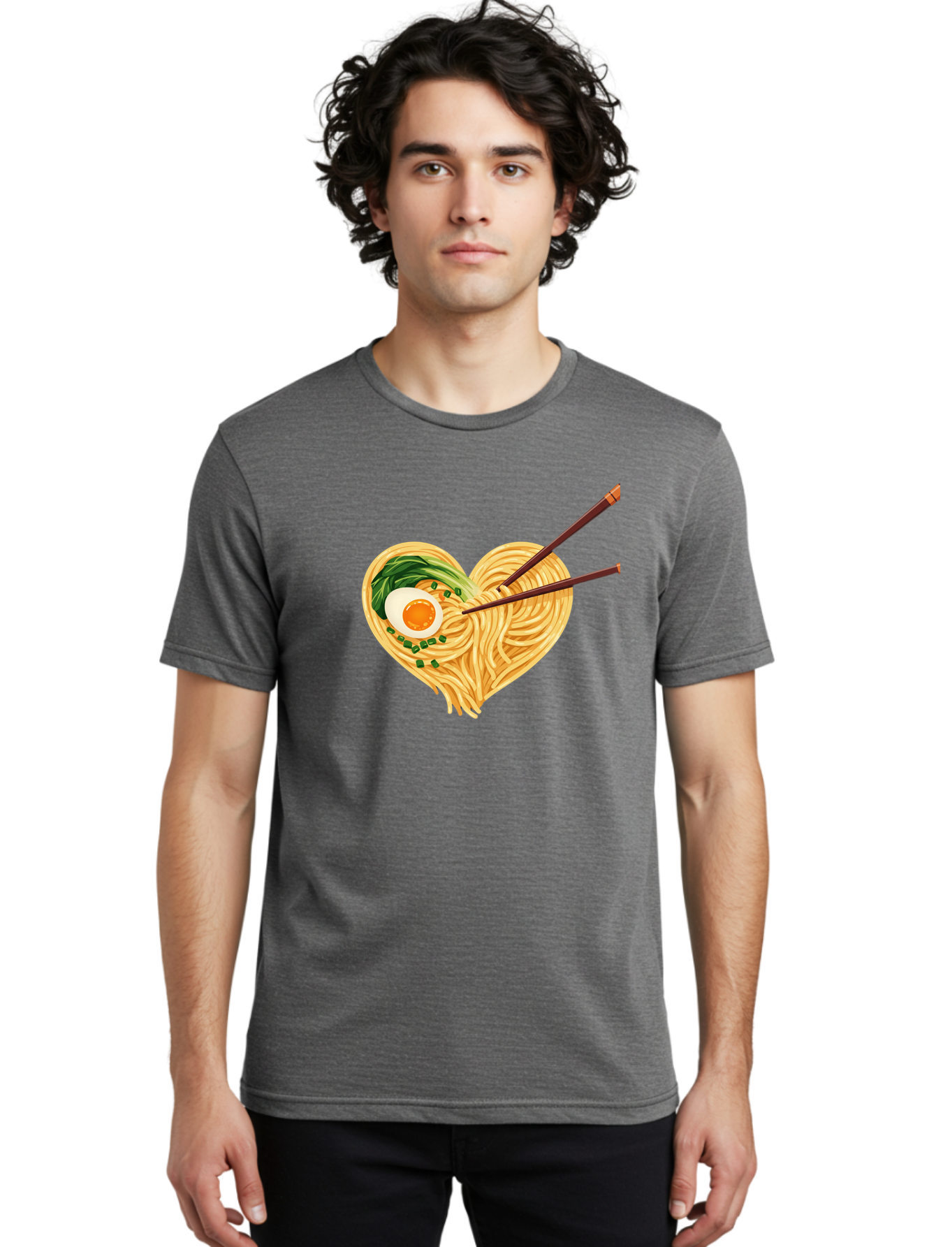 Ramen-Noodles-Heart Men'S Graphic Tee, 100% Cotton, Comfortable Casual Summer Wear, Machine Washable, Heart-Shaped Noodles, Ramen, Egg, Green Onions, Asian Cuisine, Chopsticks, Noodle Dish, Meal, Food, Appetizing, Delicious Bae723