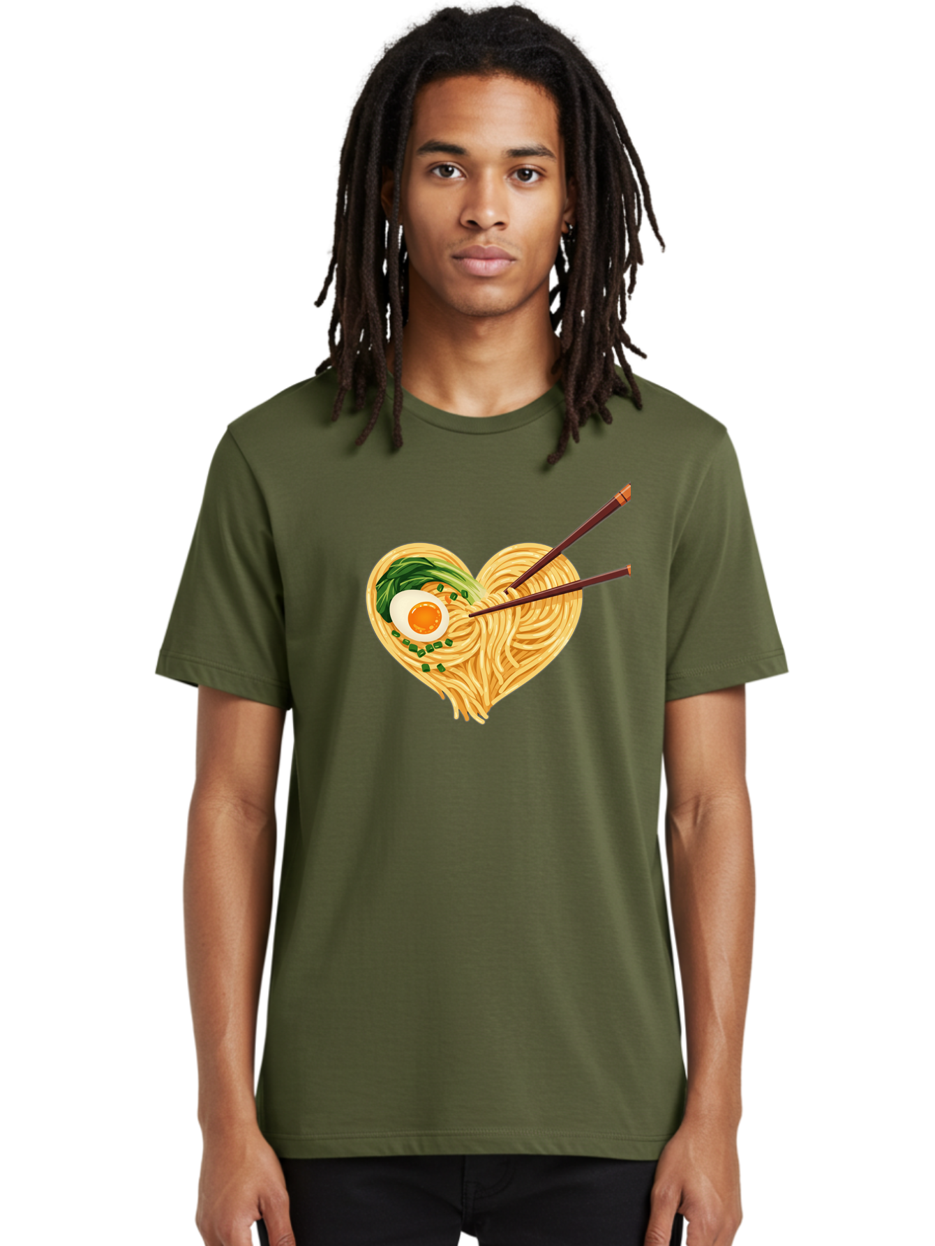 Ramen-Noodles-Heart Men'S Graphic Tee, 100% Cotton, Comfortable Casual Summer Wear, Machine Washable, Heart-Shaped Noodles, Ramen, Egg, Green Onions, Asian Cuisine, Chopsticks, Noodle Dish, Meal, Food, Appetizing, Delicious Bae723