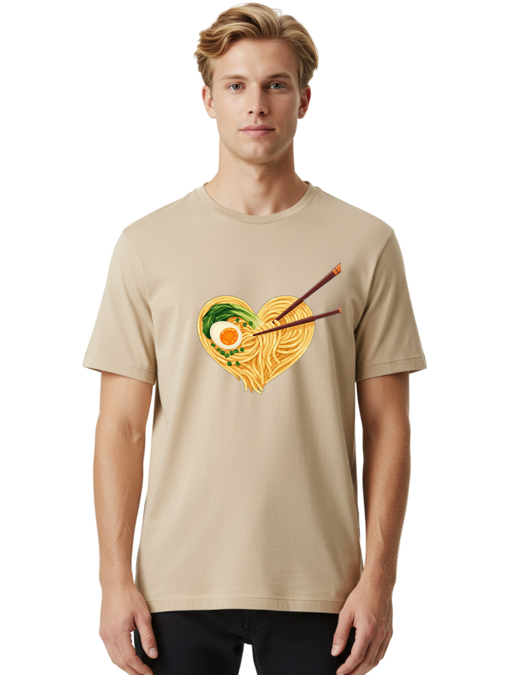 Ramen-Noodles-Heart Men'S Graphic Tee, 100% Cotton, Comfortable Casual Summer Wear, Machine Washable, Heart-Shaped Noodles, Ramen, Egg, Green Onions, Asian Cuisine, Chopsticks, Noodle Dish, Meal, Food, Appetizing, Delicious Bae723