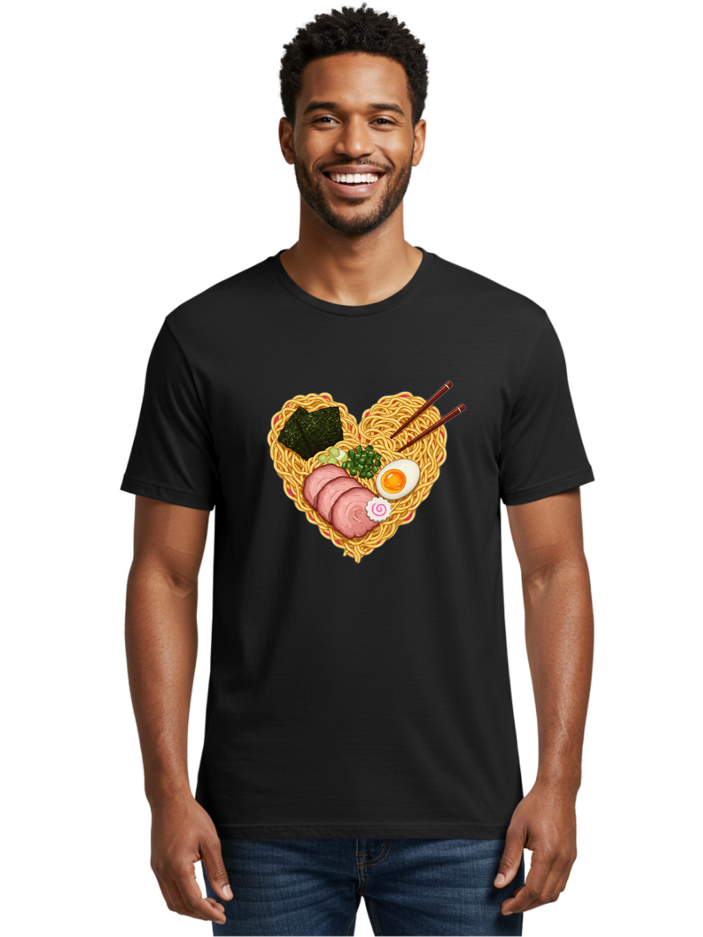 Ramen-Noodles Men'S Graphic Tee, 100% Cotton, Comfortable Casual Summer Wear, Machine Washable, Ramen Noodles, Sliced Meat, Boiled Egg, Seaweed, Green Onions, Fish Cake, Japanese Cuisine, Noodle Soup, Chopsticks, Food Art, Culinary Creativity, Bae724