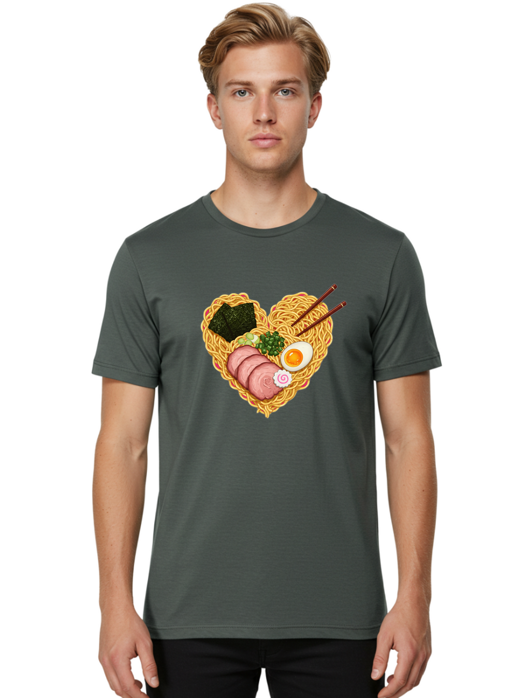 Ramen-Noodles Men'S Graphic Tee, 100% Cotton, Comfortable Casual Summer Wear, Machine Washable, Ramen Noodles, Sliced Meat, Boiled Egg, Seaweed, Green Onions, Fish Cake, Japanese Cuisine, Noodle Soup, Chopsticks, Food Art, Culinary Creativity, Bae724