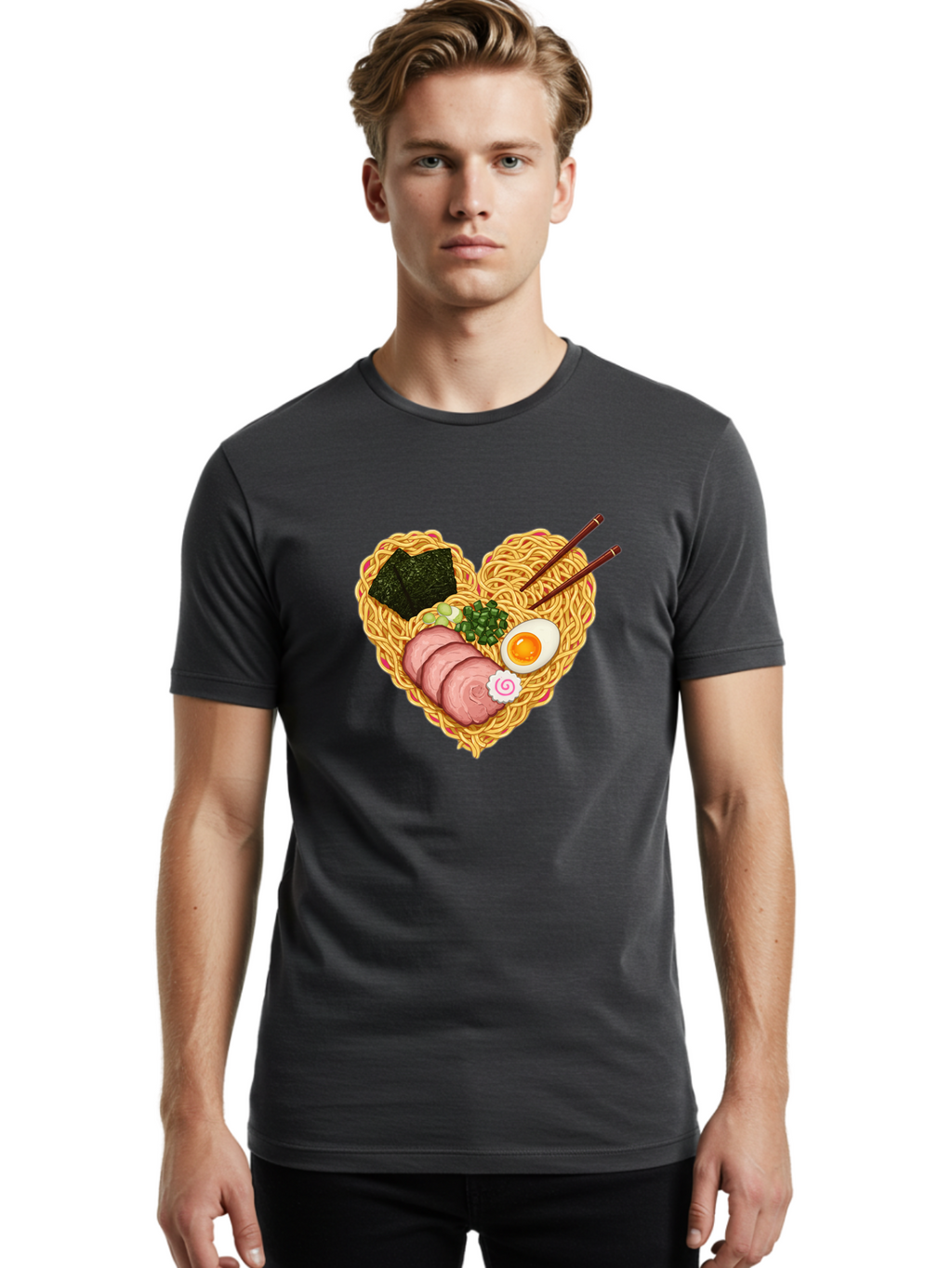 Ramen-Noodles Men'S Graphic Tee, 100% Cotton, Comfortable Casual Summer Wear, Machine Washable, Ramen Noodles, Sliced Meat, Boiled Egg, Seaweed, Green Onions, Fish Cake, Japanese Cuisine, Noodle Soup, Chopsticks, Food Art, Culinary Creativity, Bae724