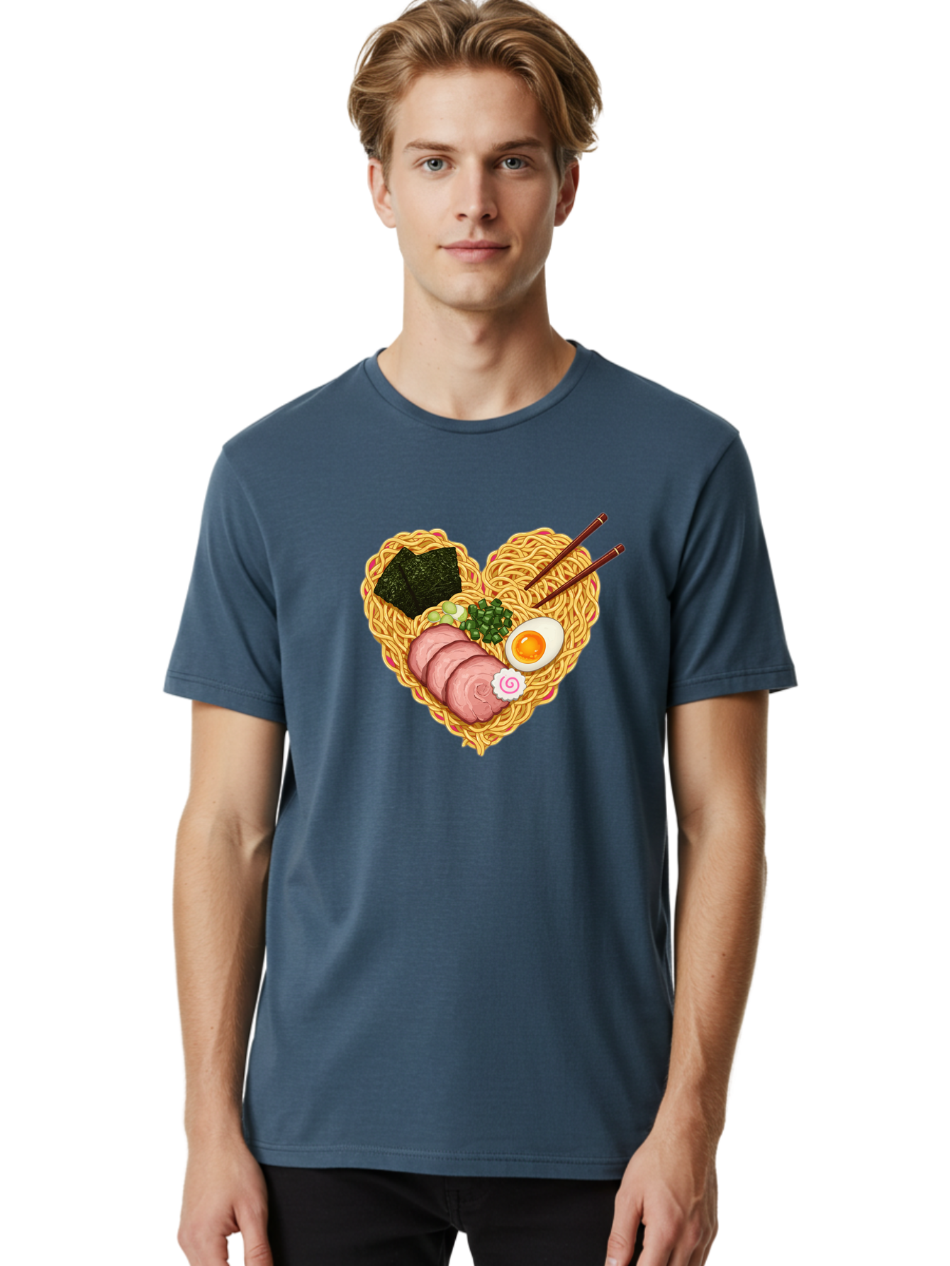 Ramen-Noodles Men'S Graphic Tee, 100% Cotton, Comfortable Casual Summer Wear, Machine Washable, Ramen Noodles, Sliced Meat, Boiled Egg, Seaweed, Green Onions, Fish Cake, Japanese Cuisine, Noodle Soup, Chopsticks, Food Art, Culinary Creativity, Bae724