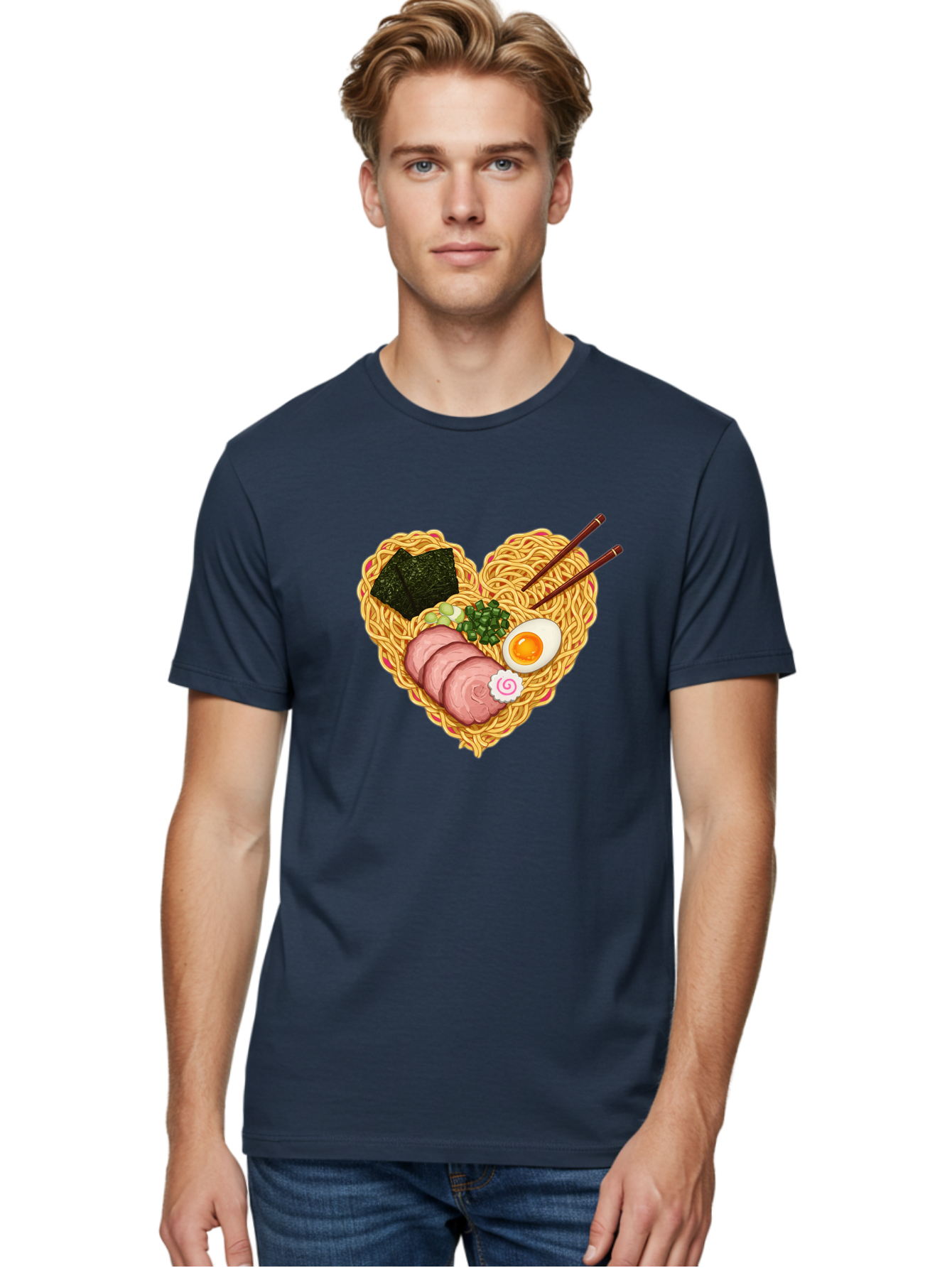 Ramen-Noodles Men'S Graphic Tee, 100% Cotton, Comfortable Casual Summer Wear, Machine Washable, Ramen Noodles, Sliced Meat, Boiled Egg, Seaweed, Green Onions, Fish Cake, Japanese Cuisine, Noodle Soup, Chopsticks, Food Art, Culinary Creativity, Bae724