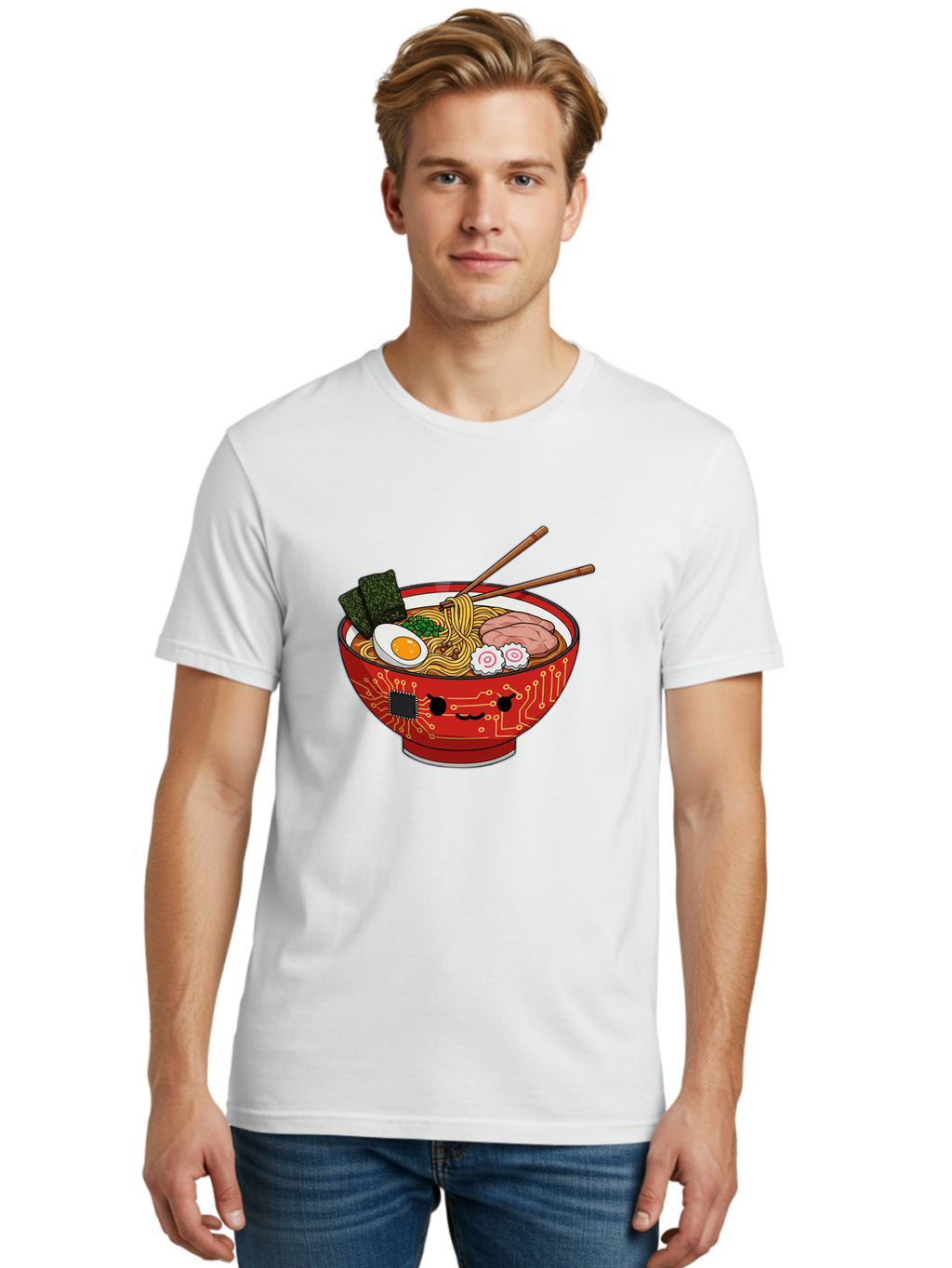 Ramen-With-Circuitry Men'S Graphic Tee, 100% Cotton, Comfortable Casual Summer Wear, Machine Washable, Ramen Bowl, Robot Face, Circuit Board Design, Chopsticks, Boiled Egg, Seaweed, Pork Slices, Narutomaki, Japanese Cuisine, Tech Meets Food, Bae727