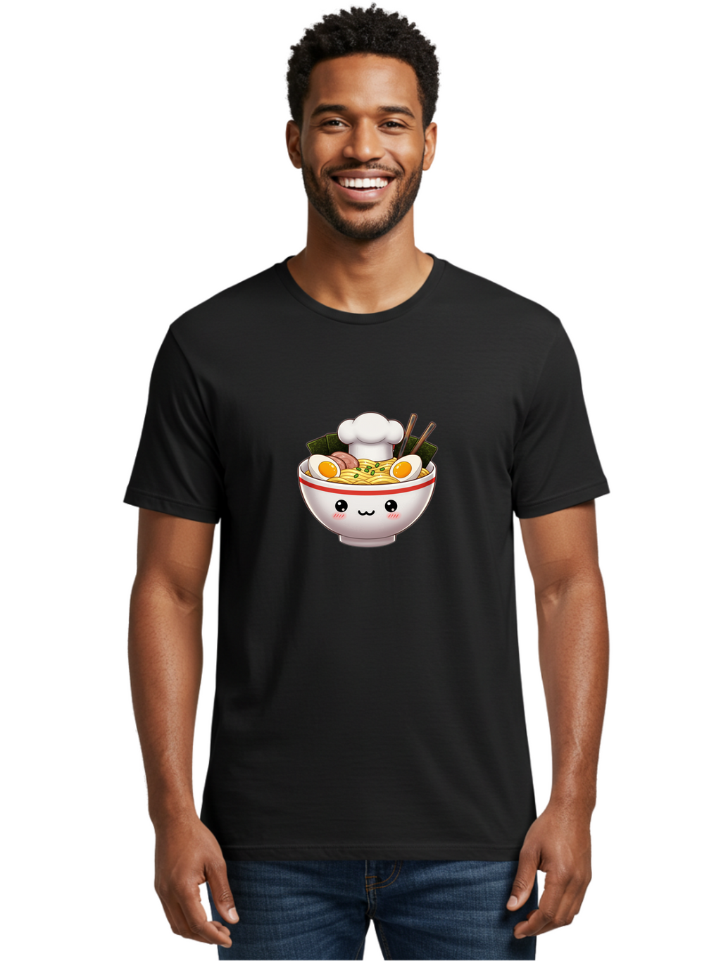 Ramen Men'S Graphic Tee, 100% Cotton, Comfortable Casual Summer Wear, Machine Washable, Cartoon Ramen Bowl, Anime Style Food, Kawaii Character, Delicious Noodles, Boiled Egg, Chopsticks, Savory Meat, Cute Illustration, Japanese Cuisine, Bae728