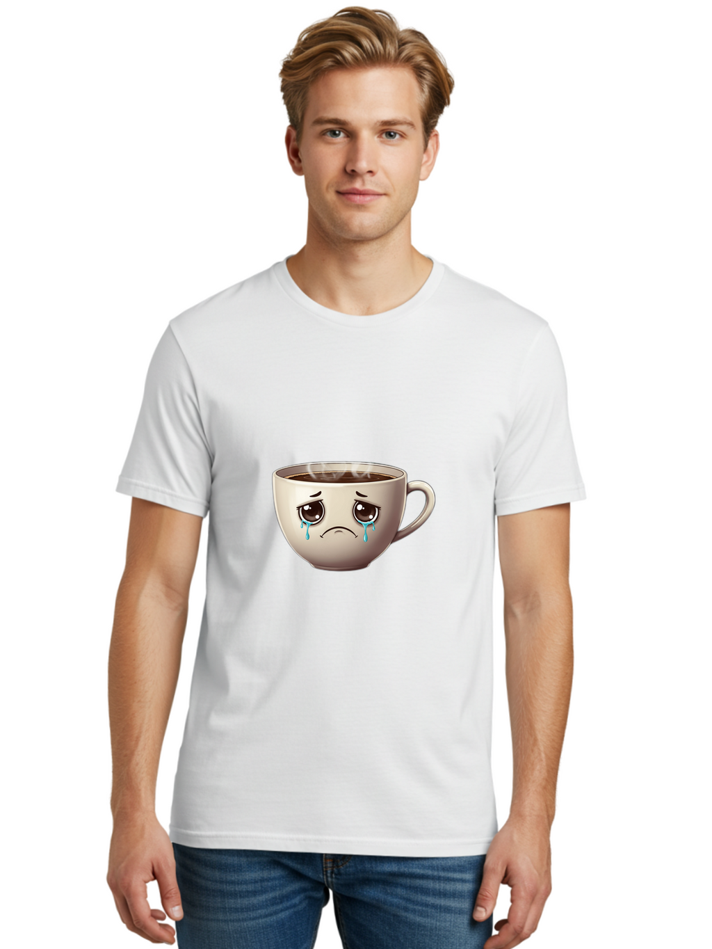 Sad-Coffee-Cup-2 Men'S Graphic Tee, 100% Cotton, Comfortable Casual Summer Wear, Machine Washable, Unhappy Coffee Cup, Sad Face, Crying Emoji, Steaming Hot Coffee, Frowning Face, Emotional Beverage, Coffee Lover'S Distress, Tearful Coffee Cup Bae731