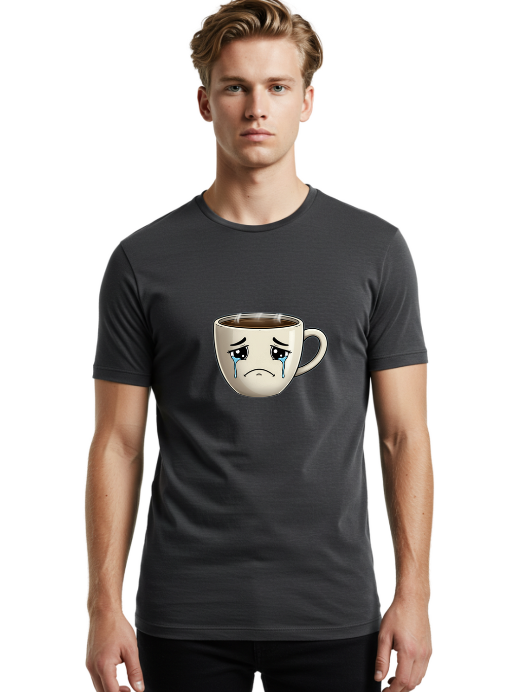 Sad-Coffee-Cup Men'S Graphic Tee, 100% Cotton, Comfortable Casual Summer Wear, Machine Washable, Sad Coffee Cup, Crying Face, Dark Coffee, Steaming Hot, Emotional Expression, Coffee Culture, Sad Face Cartoon, Morning Coffee, Coffee Break Bae733