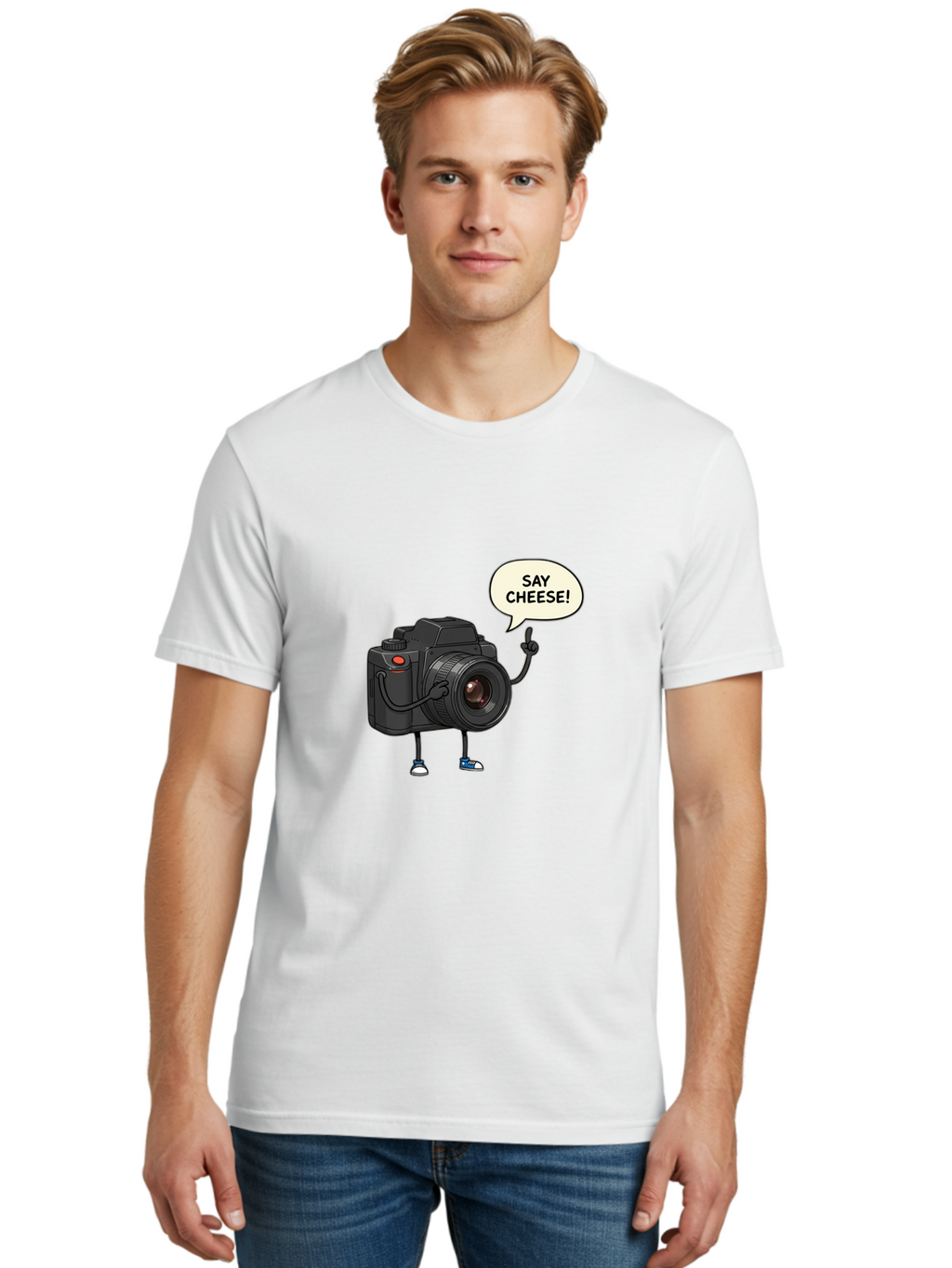 Say-Cheese Men'S Graphic Tee, 100% Cotton, Comfortable Casual Summer Wear, Machine Washable, Cartoon Camera, Funny Character, Photography Humor, Say Cheese!, Camera Character, Comedic Photography, Digital Illustration, Bae734