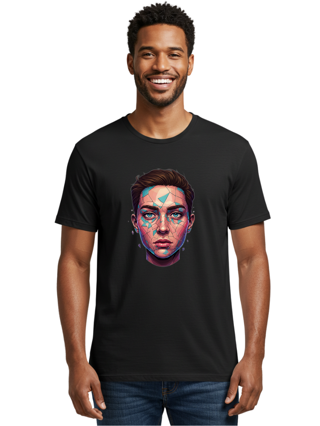 Shards-Portrait Men'S Graphic Tee, 100% Cotton, Comfortable Casual Summer Wear, Machine Washable, Shattered Face, Broken Glass, Blue Shards, Fragmented Identity, Abstract Art, Surrealism, Vibrant Colors, Emotional Distress, Mental Health Bae735