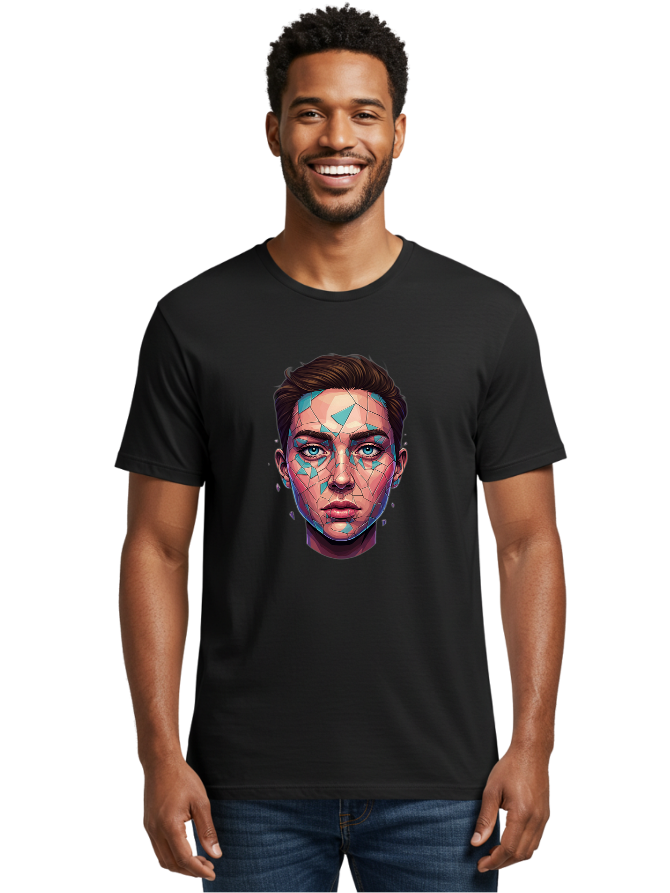 Shards-Portrait Men'S Graphic Tee, 100% Cotton, Comfortable Casual Summer Wear, Machine Washable, Shattered Face, Broken Glass, Blue Shards, Fragmented Identity, Abstract Art, Surrealism, Vibrant Colors, Emotional Distress, Mental Health Bae735