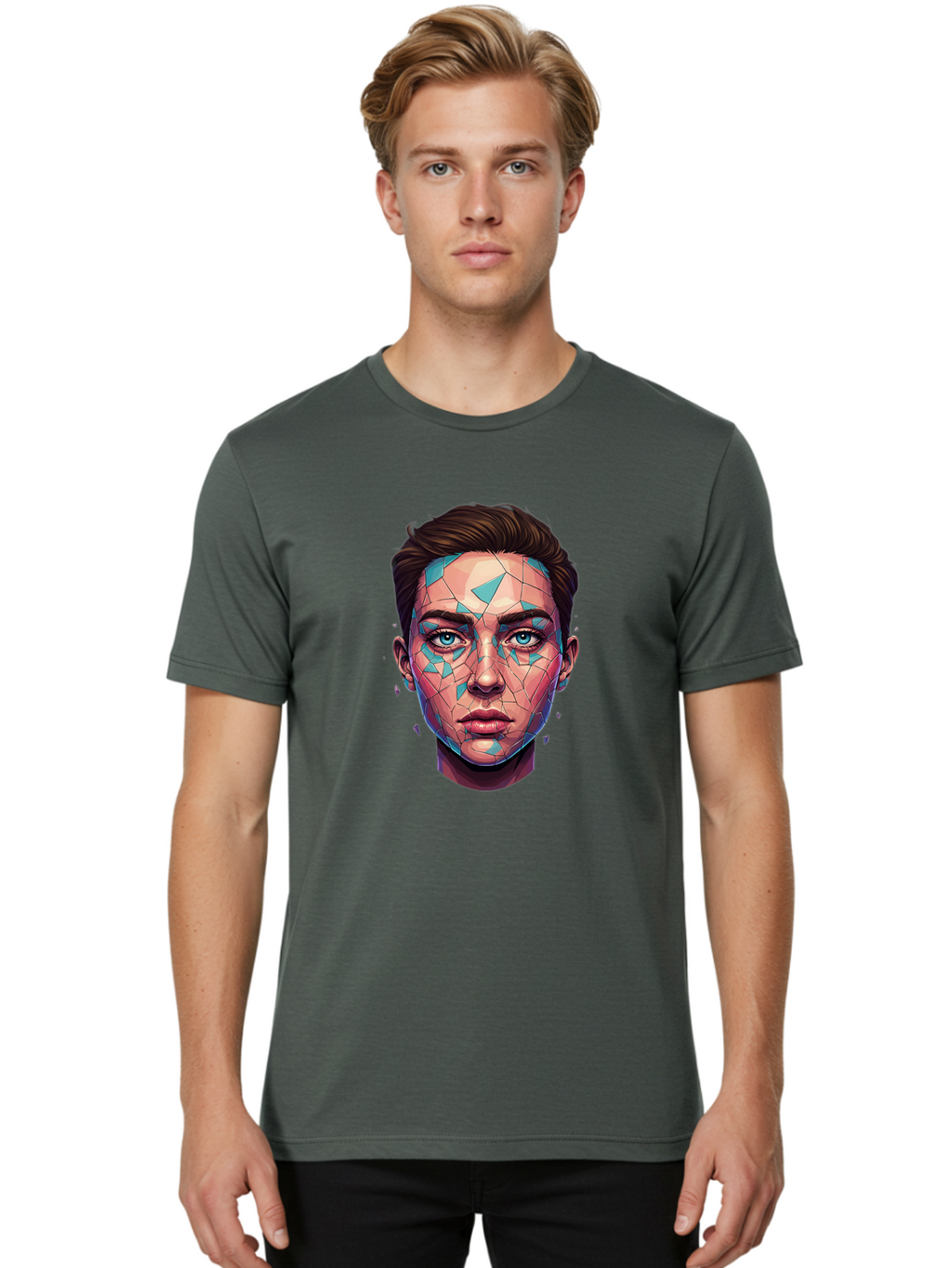 Shards-Portrait Men'S Graphic Tee, 100% Cotton, Comfortable Casual Summer Wear, Machine Washable, Shattered Face, Broken Glass, Blue Shards, Fragmented Identity, Abstract Art, Surrealism, Vibrant Colors, Emotional Distress, Mental Health Bae735