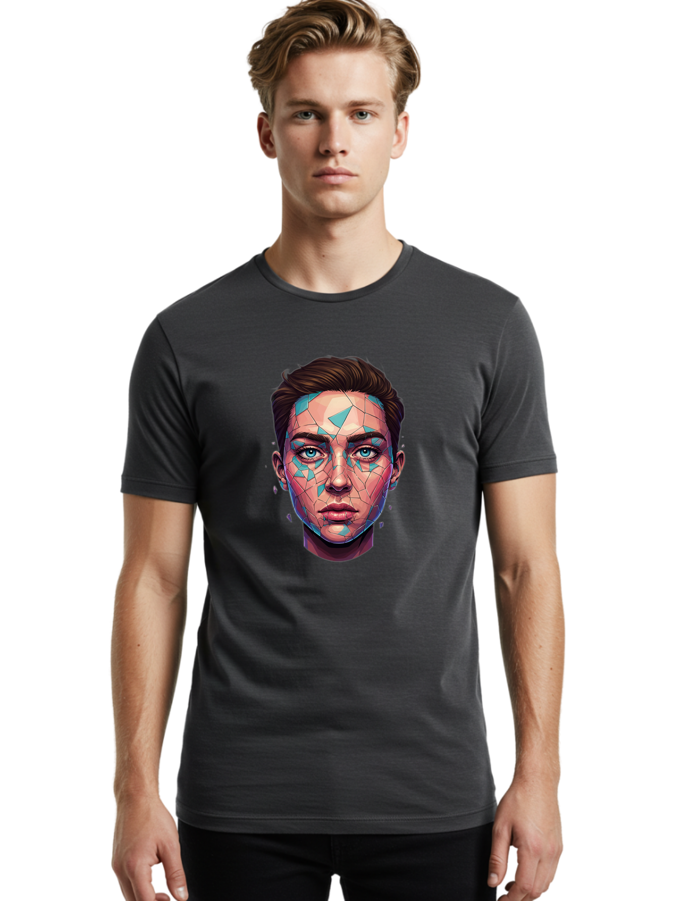 Shards-Portrait Men'S Graphic Tee, 100% Cotton, Comfortable Casual Summer Wear, Machine Washable, Shattered Face, Broken Glass, Blue Shards, Fragmented Identity, Abstract Art, Surrealism, Vibrant Colors, Emotional Distress, Mental Health Bae735