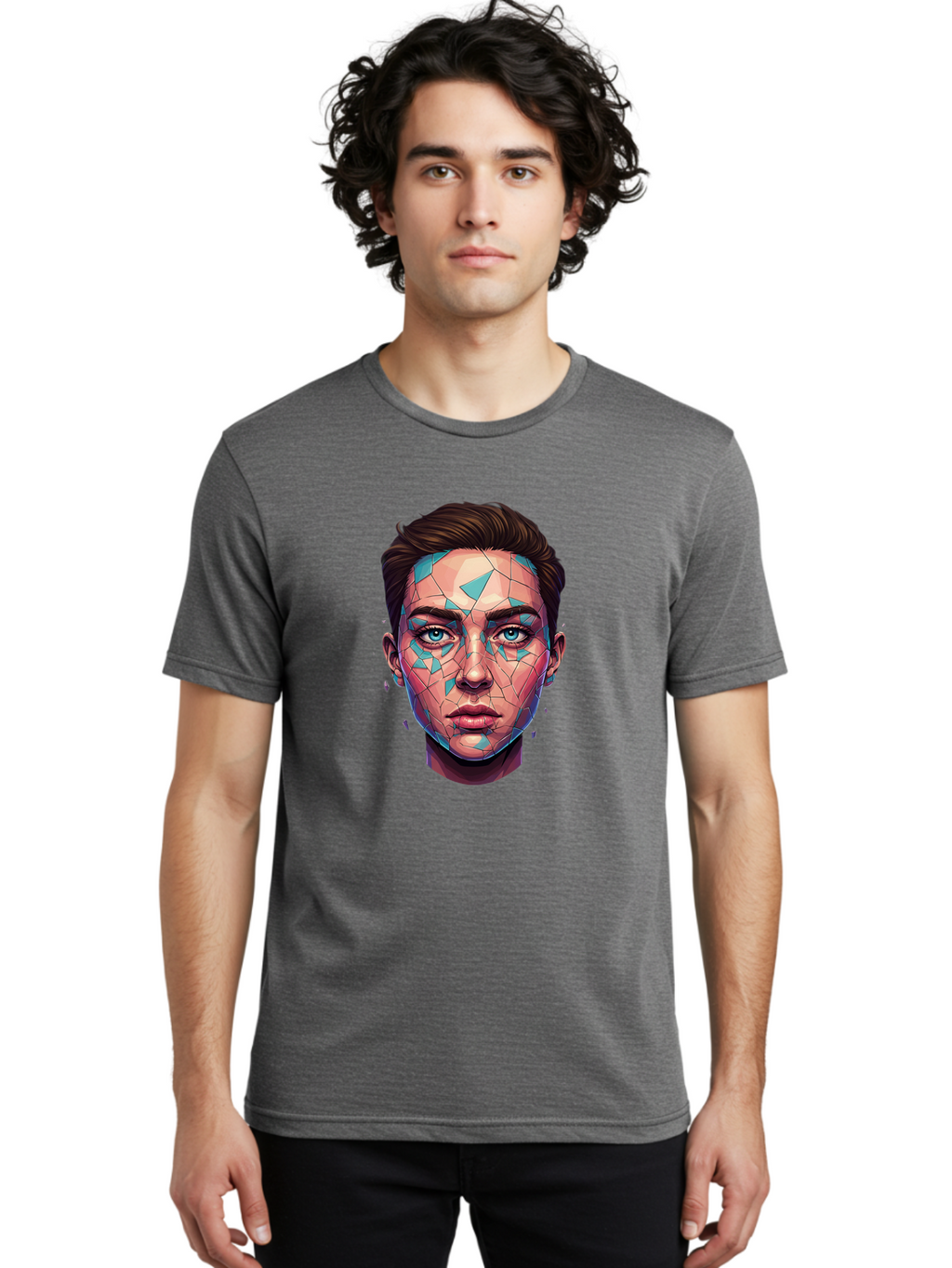 Shards-Portrait Men'S Graphic Tee, 100% Cotton, Comfortable Casual Summer Wear, Machine Washable, Shattered Face, Broken Glass, Blue Shards, Fragmented Identity, Abstract Art, Surrealism, Vibrant Colors, Emotional Distress, Mental Health Bae735