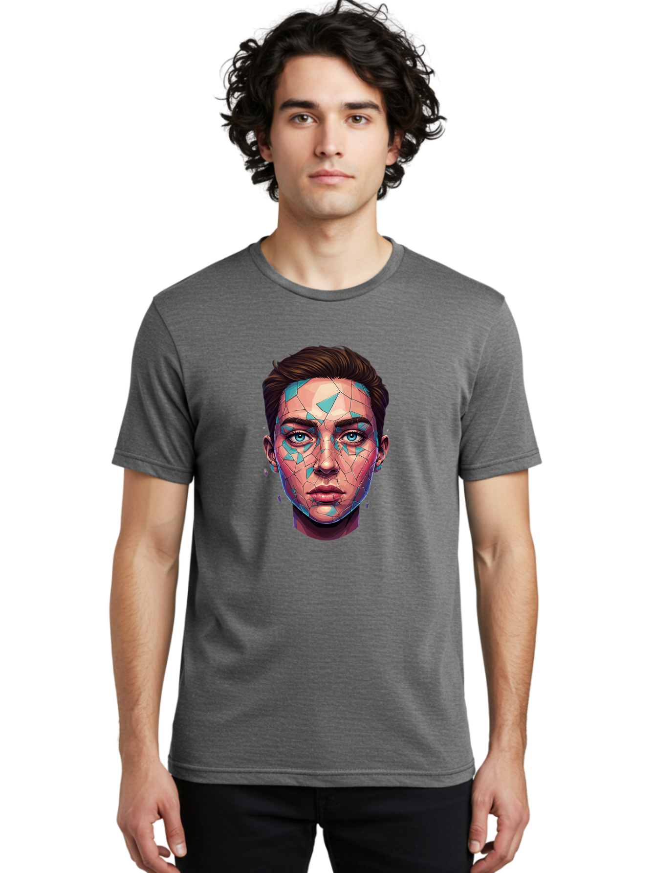 Shards-Portrait Men'S Graphic Tee, 100% Cotton, Comfortable Casual Summer Wear, Machine Washable, Shattered Face, Broken Glass, Blue Shards, Fragmented Identity, Abstract Art, Surrealism, Vibrant Colors, Emotional Distress, Mental Health Bae735