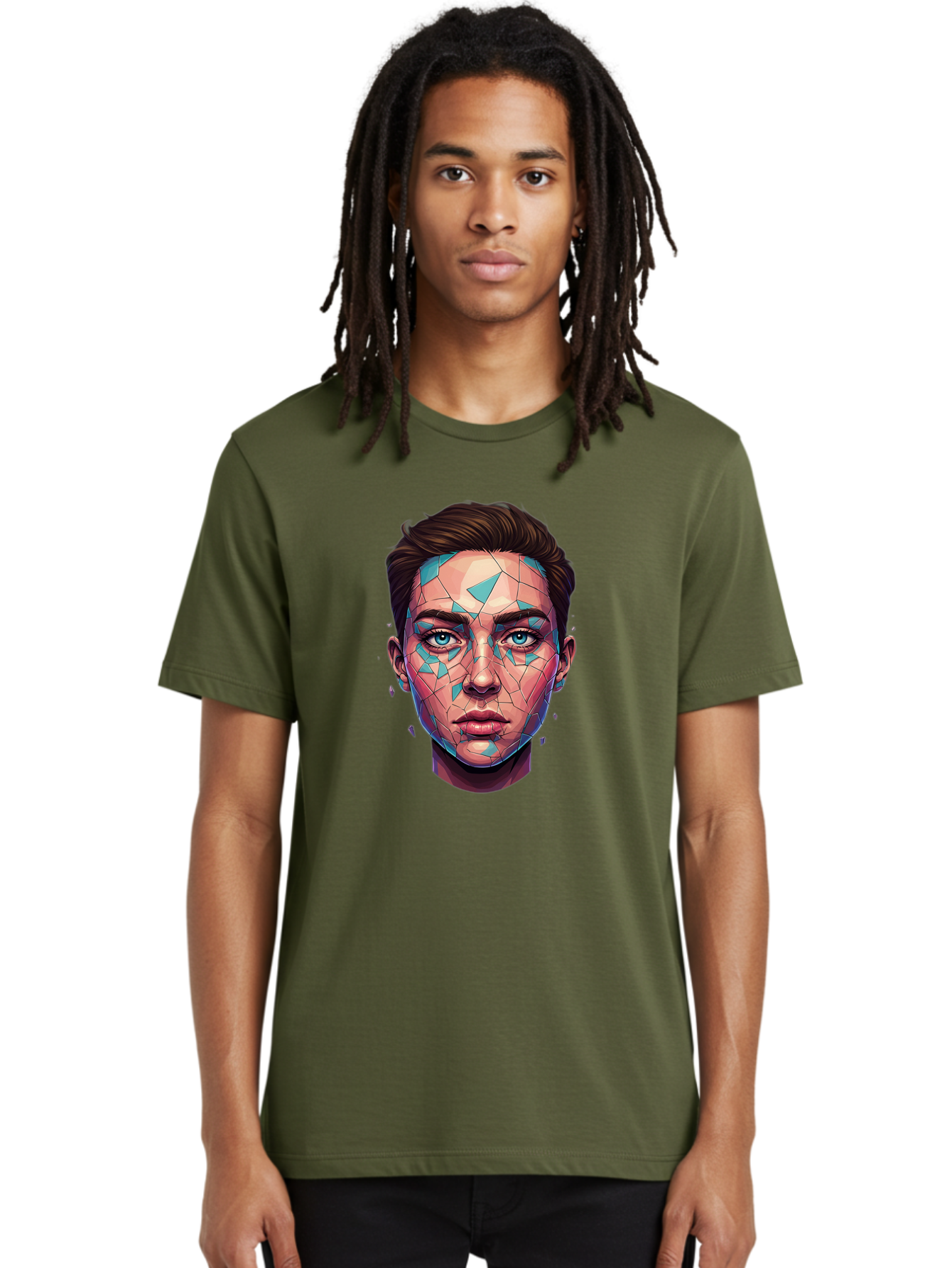 Shards-Portrait Men'S Graphic Tee, 100% Cotton, Comfortable Casual Summer Wear, Machine Washable, Shattered Face, Broken Glass, Blue Shards, Fragmented Identity, Abstract Art, Surrealism, Vibrant Colors, Emotional Distress, Mental Health Bae735