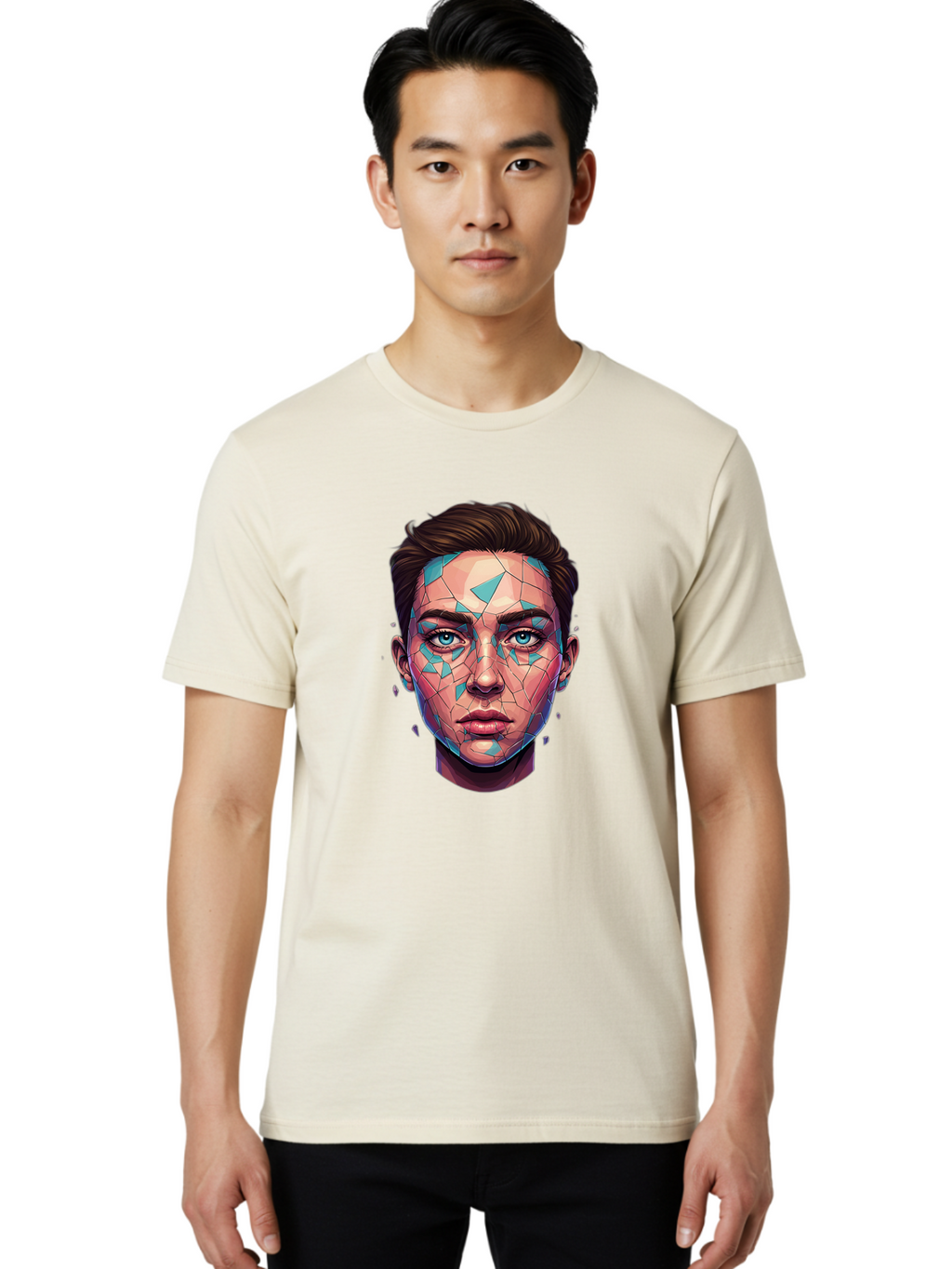 Shards-Portrait Men'S Graphic Tee, 100% Cotton, Comfortable Casual Summer Wear, Machine Washable, Shattered Face, Broken Glass, Blue Shards, Fragmented Identity, Abstract Art, Surrealism, Vibrant Colors, Emotional Distress, Mental Health Bae735