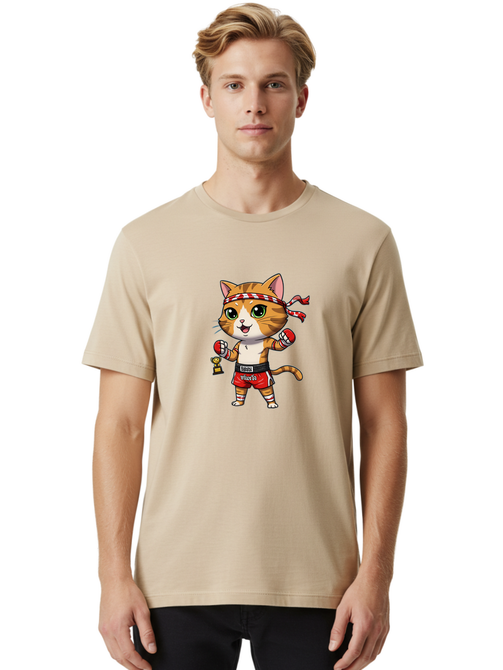 Siamese-Cat Men'S Graphic Tee, 100% Cotton, Comfortable Casual Summer Wear, Machine Washable, Boxing Cat, Cartoon Character, Martial Arts, Funny Animal, Red Boxing Gloves, Dilon Text, Black Belt, Playful Kitty, Adorable Feline, Cartoon Humor Bae736