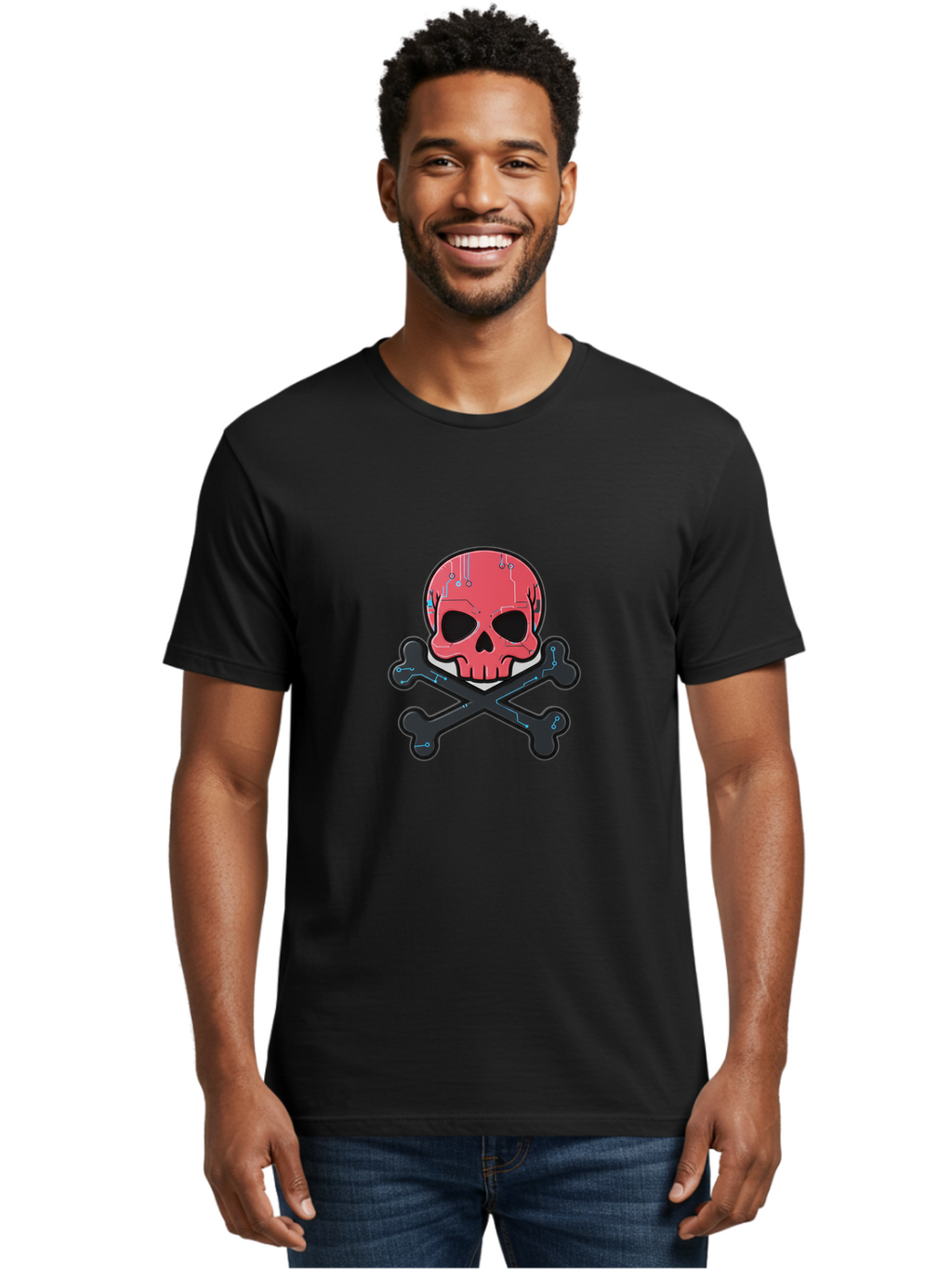 Skull-And-Crossbones-2 Men'S Graphic Tee, 100% Cotton, Comfortable Casual Summer Wear, Machine Washable, Futuristic Skull, Crossbones, Cyberpunk Design, Electronic Circuits, Red Skull, Black Bones, Sci-Fi Elements, Tech-Inspired Art, Bae738