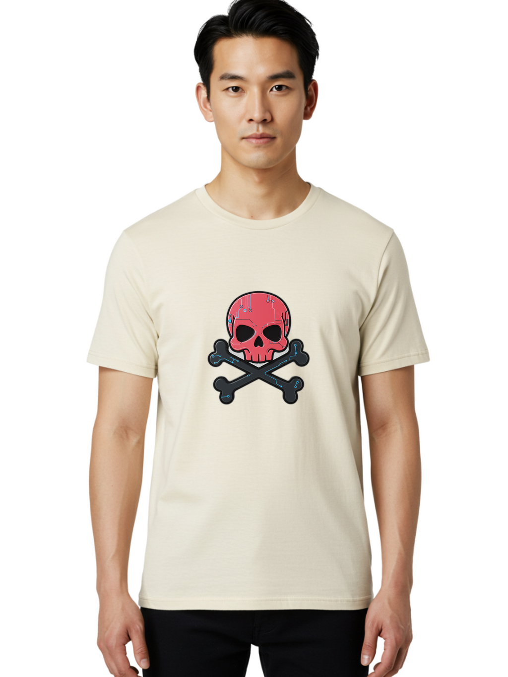 Skull-And-Crossbones-2 Men'S Graphic Tee, 100% Cotton, Comfortable Casual Summer Wear, Machine Washable, Futuristic Skull, Crossbones, Cyberpunk Design, Electronic Circuits, Red Skull, Black Bones, Sci-Fi Elements, Tech-Inspired Art, Bae738
