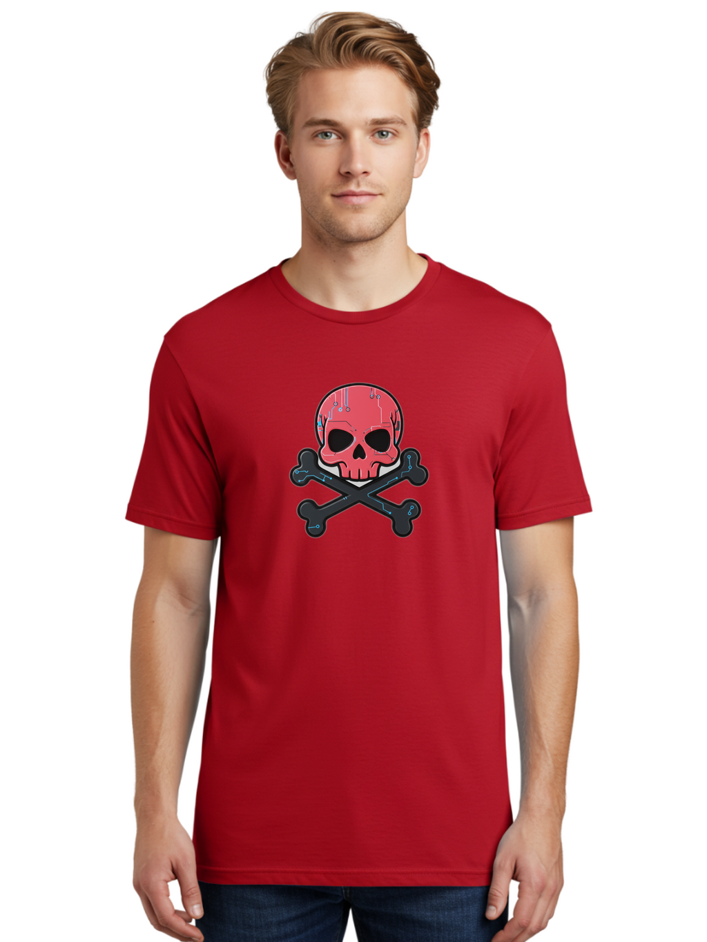 Skull-And-Crossbones-2 Men'S Graphic Tee, 100% Cotton, Comfortable Casual Summer Wear, Machine Washable, Futuristic Skull, Crossbones, Cyberpunk Design, Electronic Circuits, Red Skull, Black Bones, Sci-Fi Elements, Tech-Inspired Art, Bae738